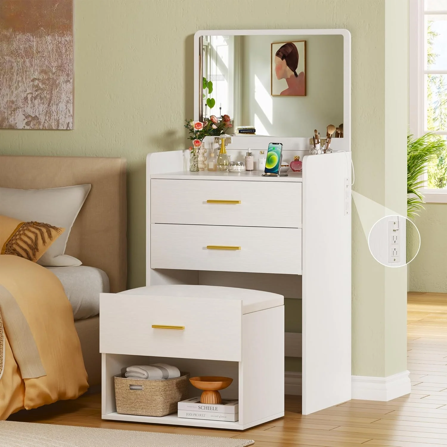 Fixwal 3-in-1 Vanity Desk with Flip-up Mirror, Fabric Drawers & Integrated Charging Station