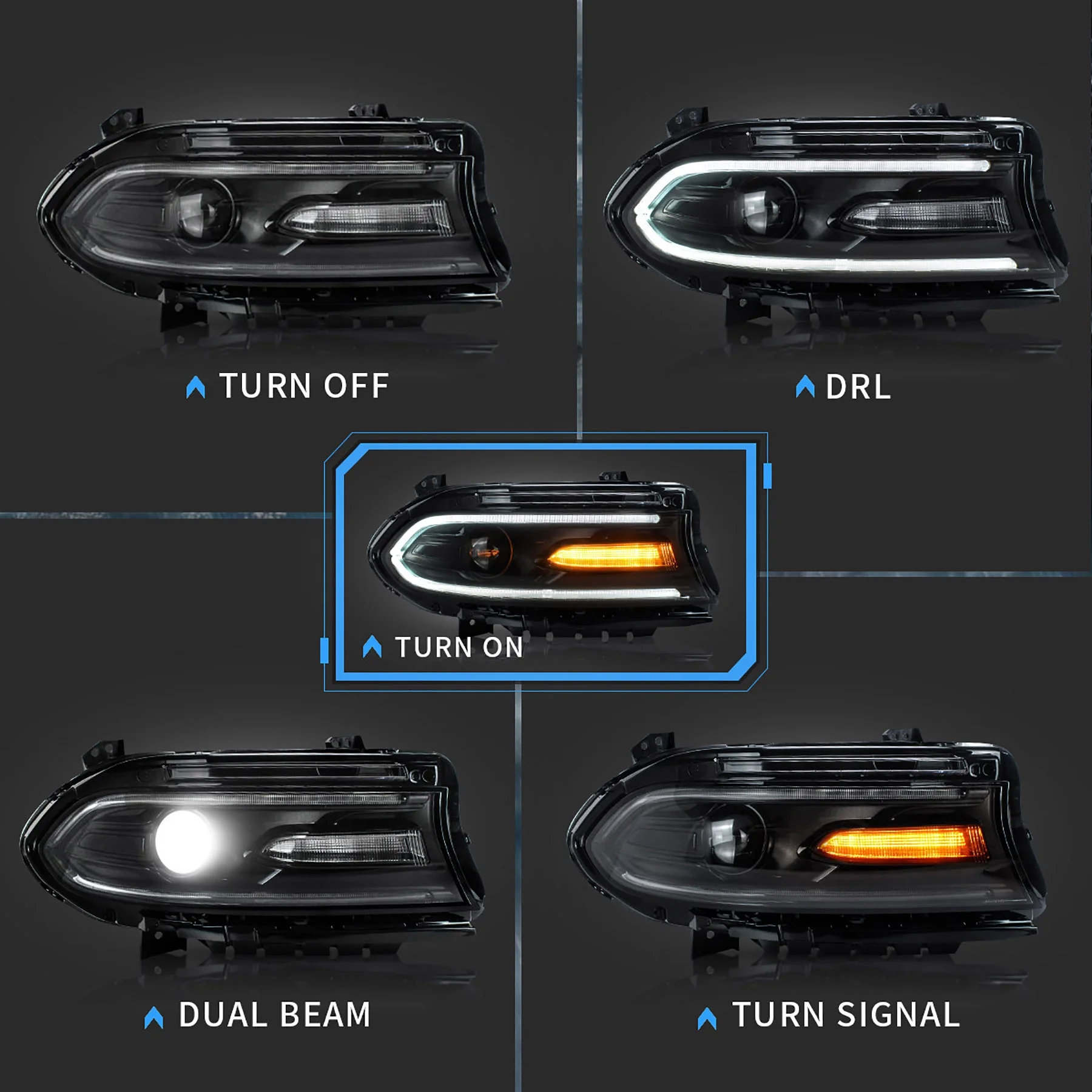 VLAND for Dodge Charger 2011 2012 2013 2014 Dual Beam Projector Headlights Replacement Assembly - Image 36