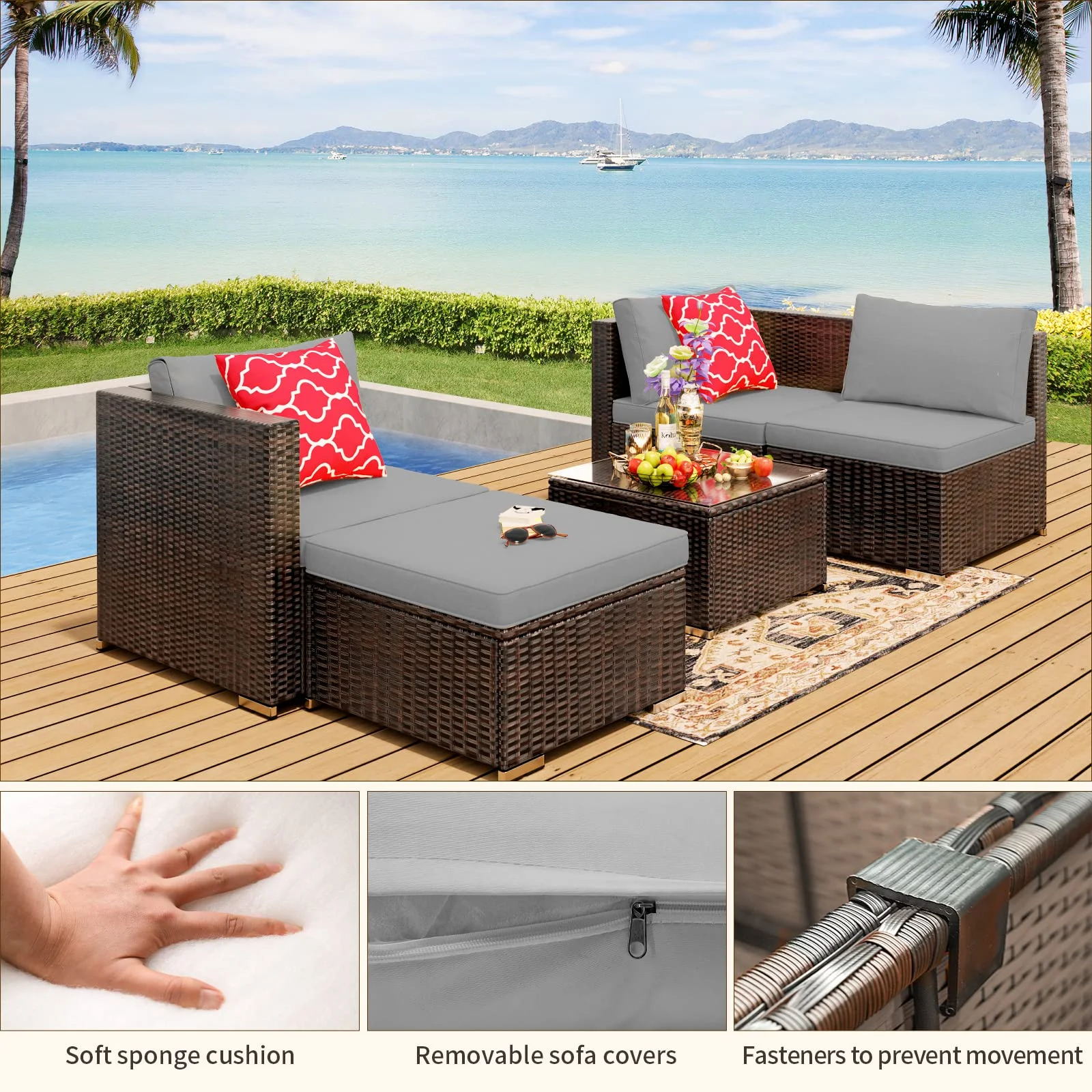 Patio Furniture Set Clearance, Lofka 5 Pieces Patio Conversation Set with Sofas and Tempered Glass Coffee Table for Outdoor Garden Gray - Image 7