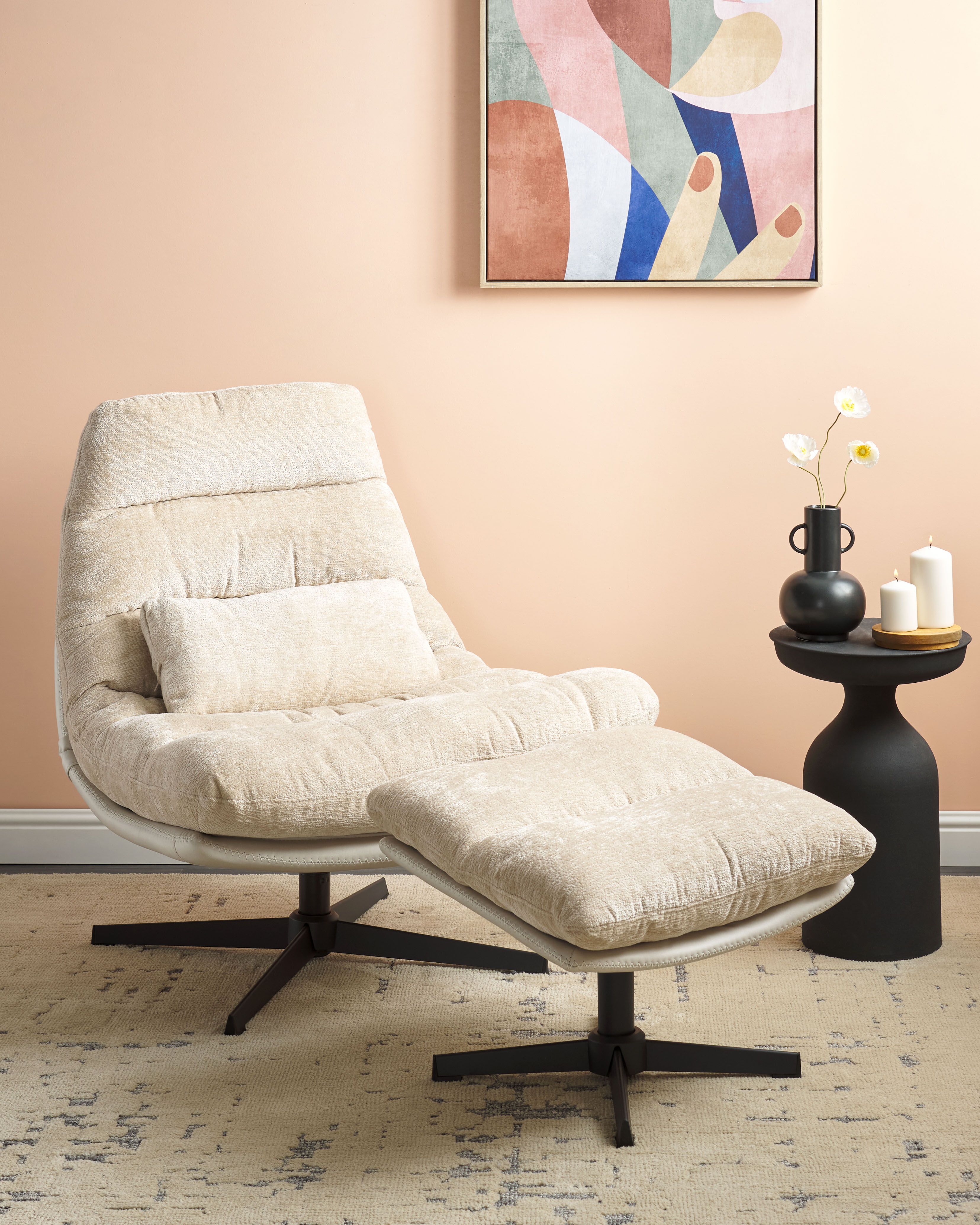 Swivel Armchair TOVIK with Footstool Chenille Light Beige