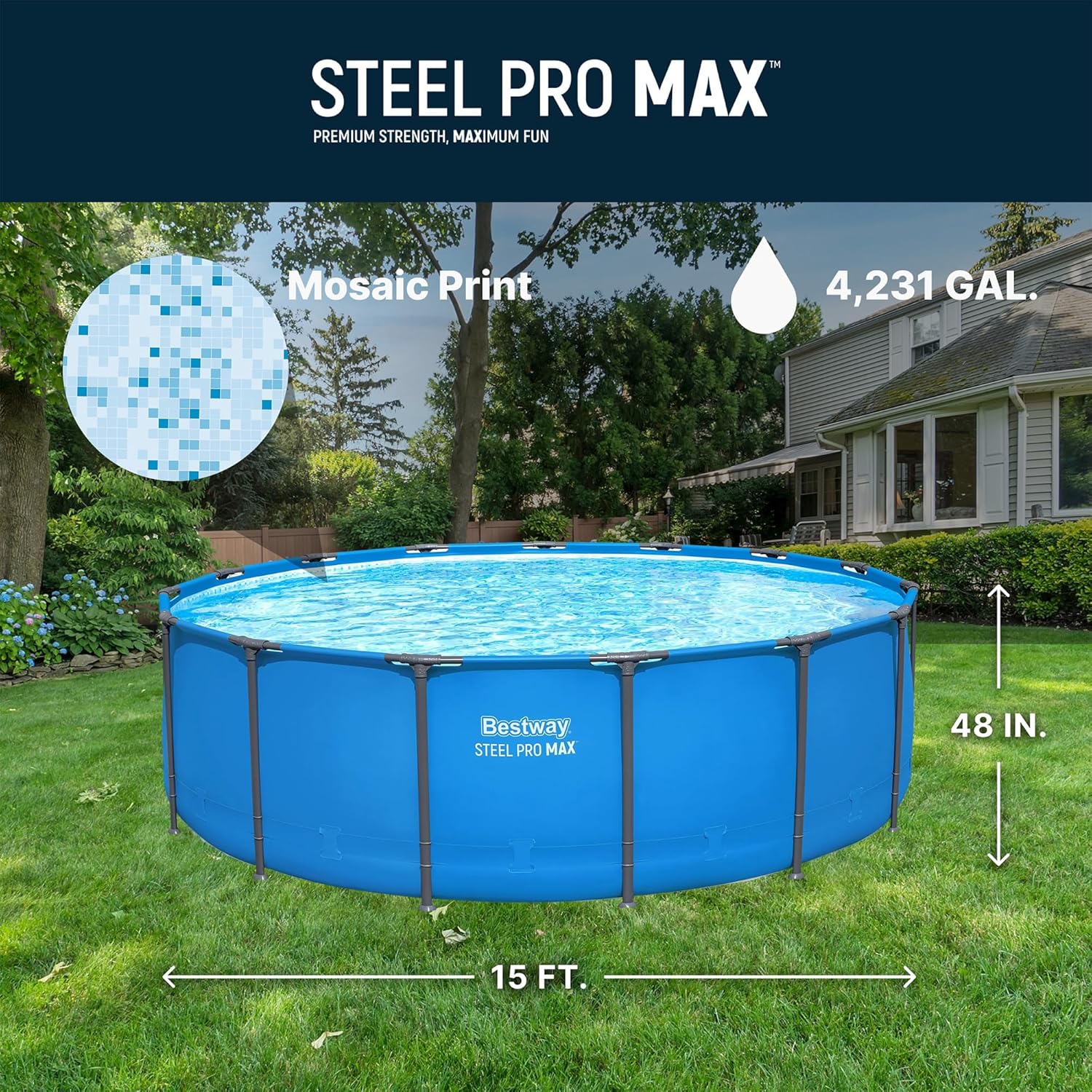 Bestway Steel Pro MAX Round Above Ground Pool, 15 ft x 48 in, Blue - Steel Pro MAX - Image 3 Bestway Steel Pro MAX Round Above Ground Pool, 15 ft x 48 in, Blue - Steel Pro MAX - Image 3