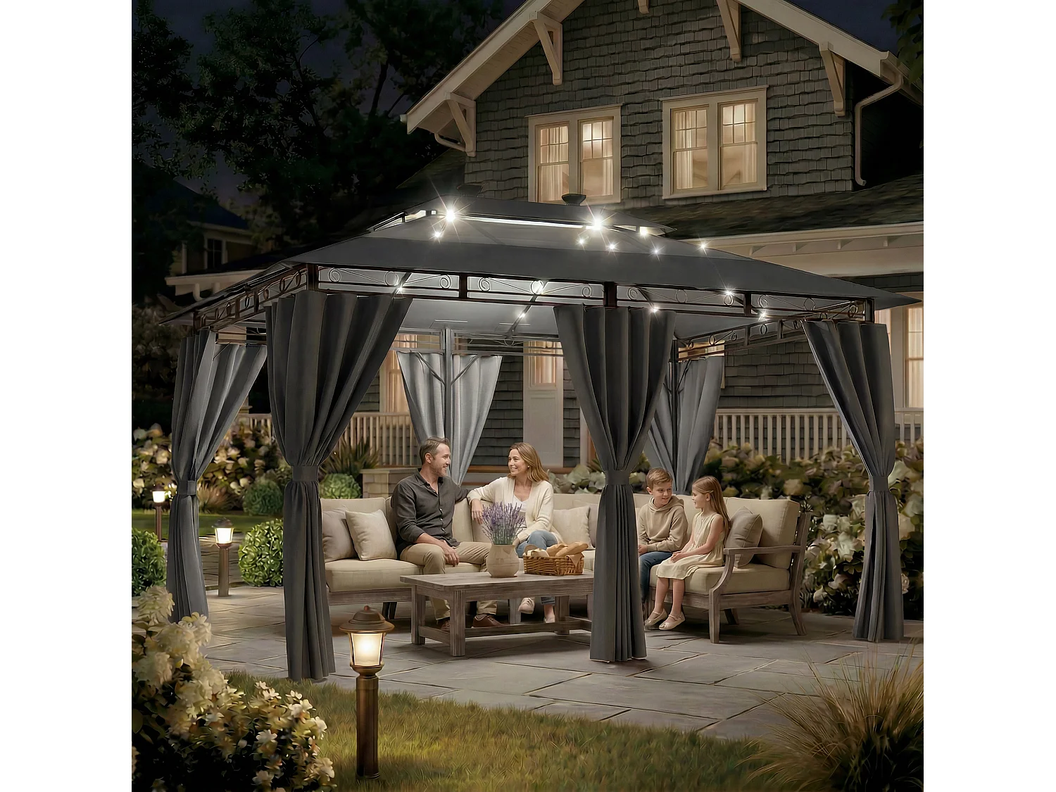 Gunji Pavillon 3x/4m LED – Pavillon de jardin design, tente de fête, tente de jardin