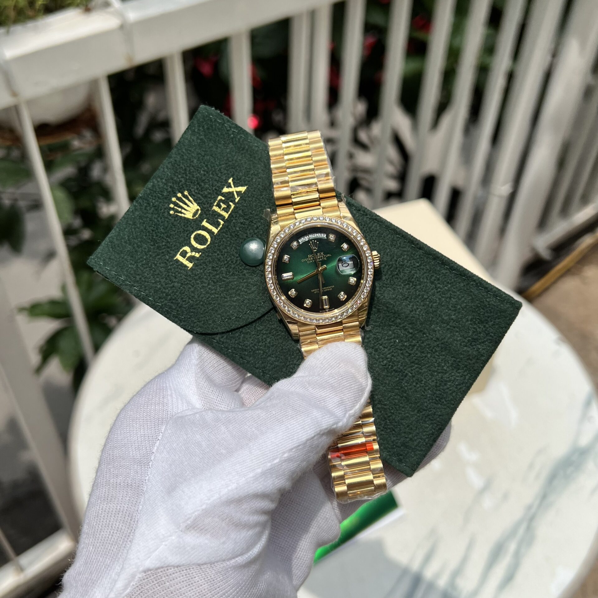 Rolex Replica 1:1 Watch Day-Date Green Dial With Diamonds EW 36mm - Elite Watch Atelier