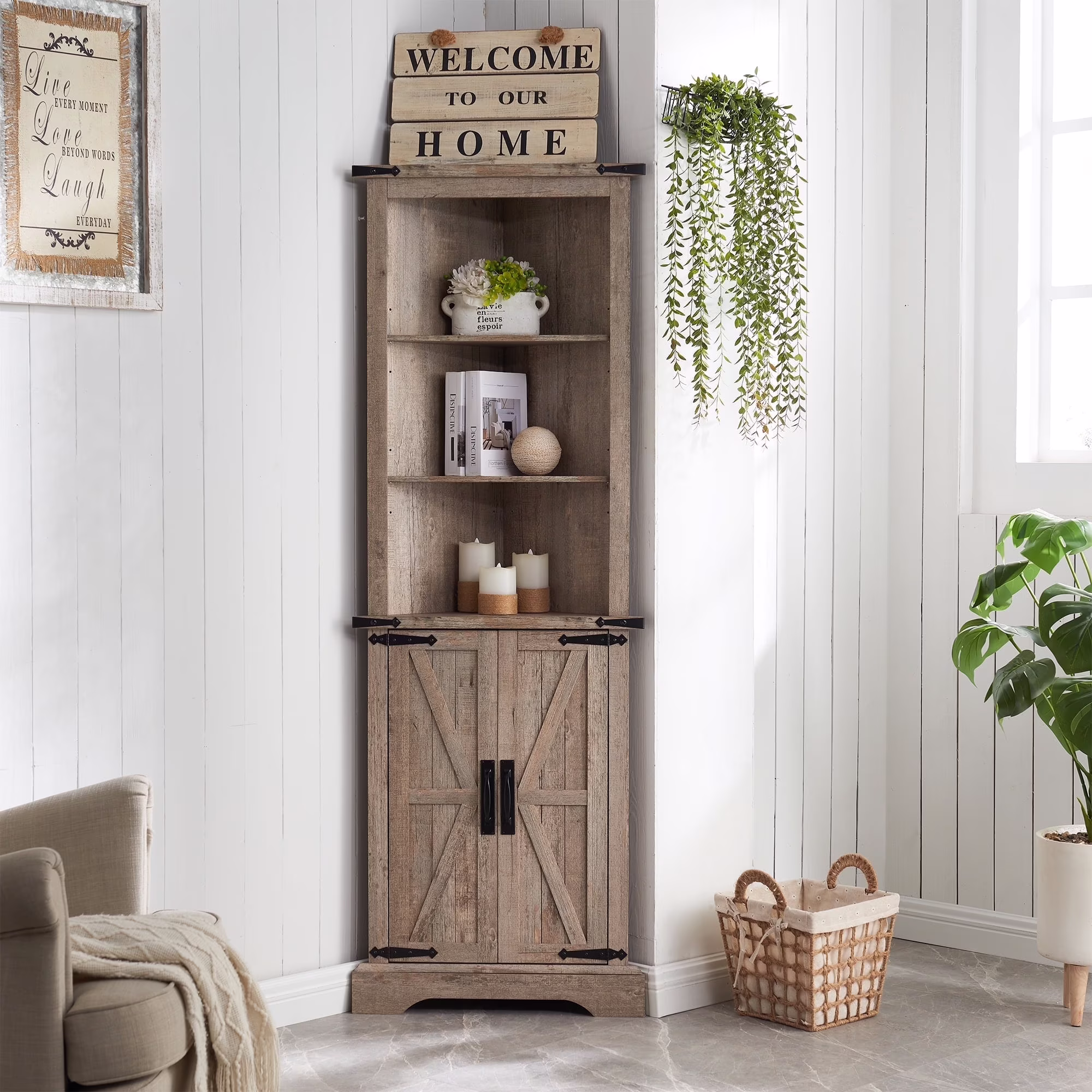 OKD Farmhouse Tall Corner Cabinet with Barn Door & Adjustable Shelves, 68" Rustic Wood Corner Cabinet with Storage Cabinet for Bathroom, Kitchen, Antique White - Image 5