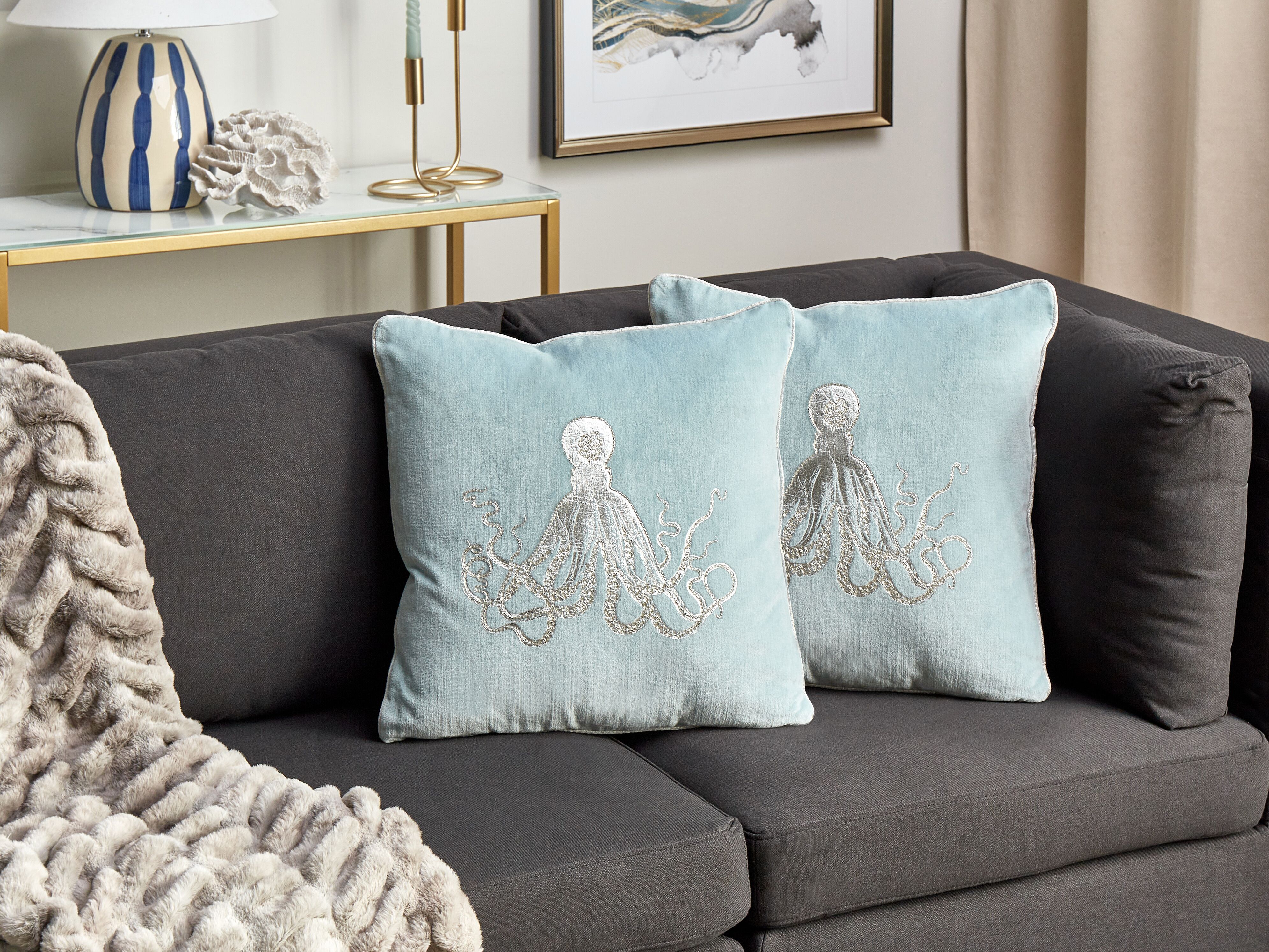 Set of 2 Decorative Cushions LAMINARIA Velvet 45 x 45 cm Light Blue Animal Pattern