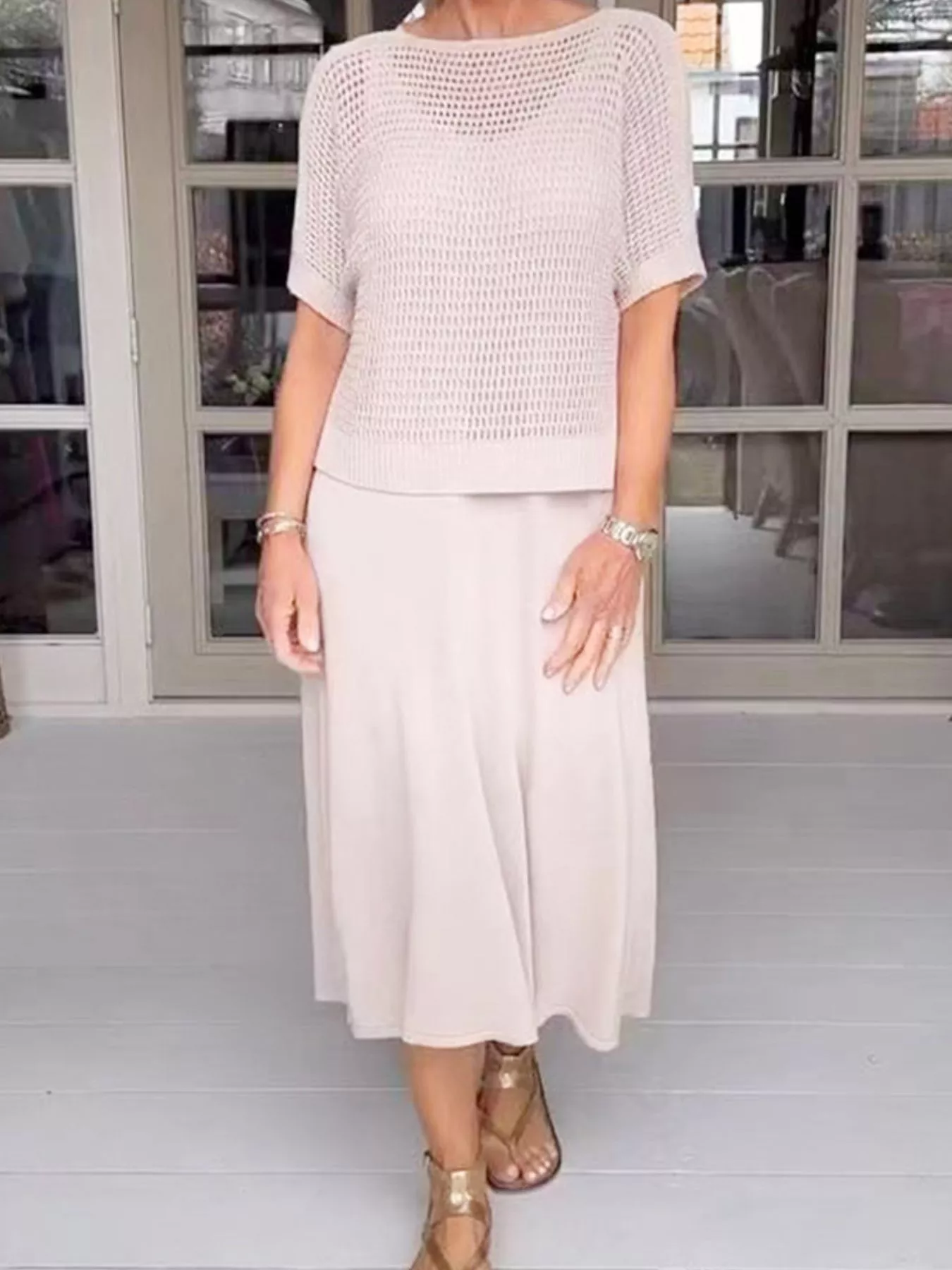 Full Size Openwork Knit Cover Up and Dress Set Plus Size - ZKZOOK