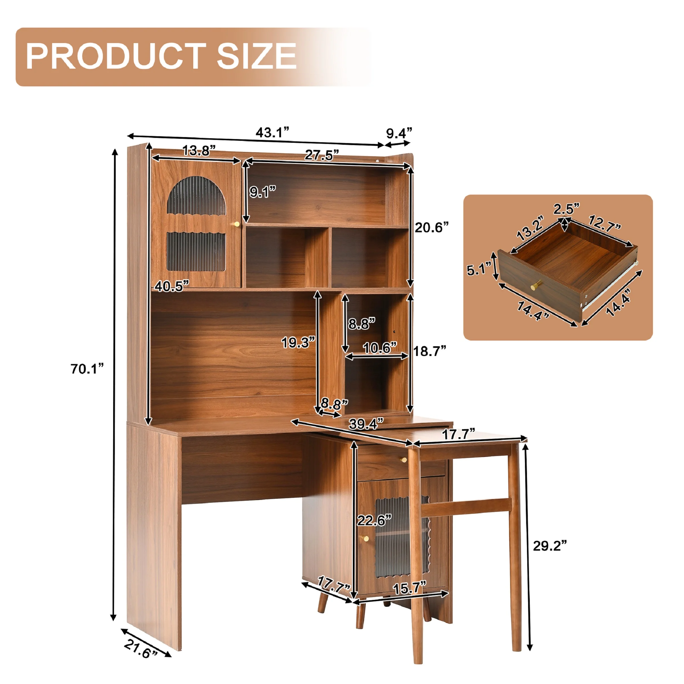 43'' Computer Desk with 90 Degree Rotating Desktop, L-Shaped Home Office Desk with Hutch and Drawer, Writing Desk with Storage Cabinet and Glass Doors for Bedroom Living Room, Walnut