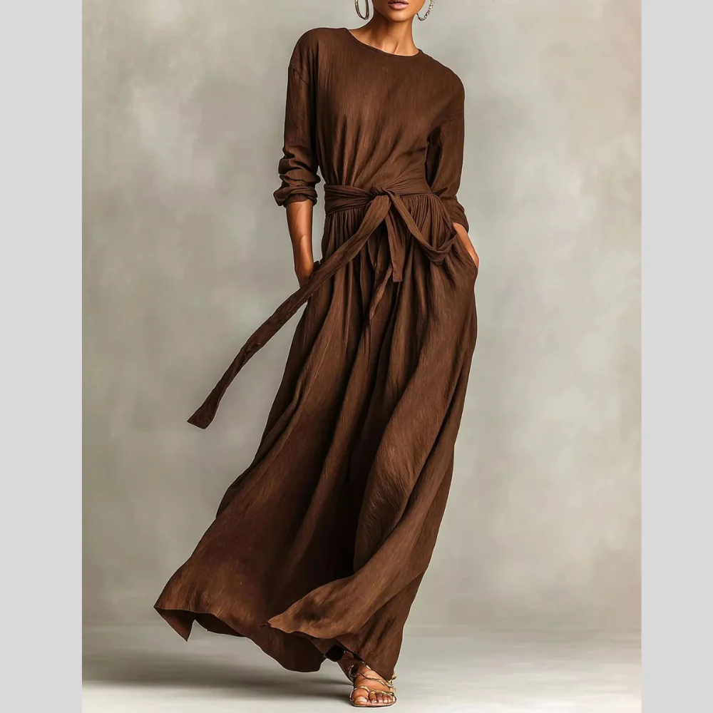Full Size Long Sleeve Tie Waist Maxi Dress Plus Size - ZKZOOK