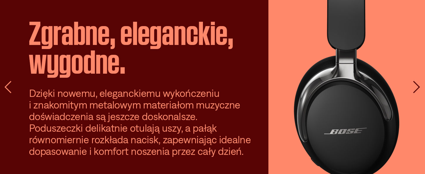 Tekst brzmi: „Zgrabne, eleganckie, pełne.” Produkt wydaje się być czarnym okrągłym urządzeniem pokazanym na pomarańczowych i czerwonych panelach tła.