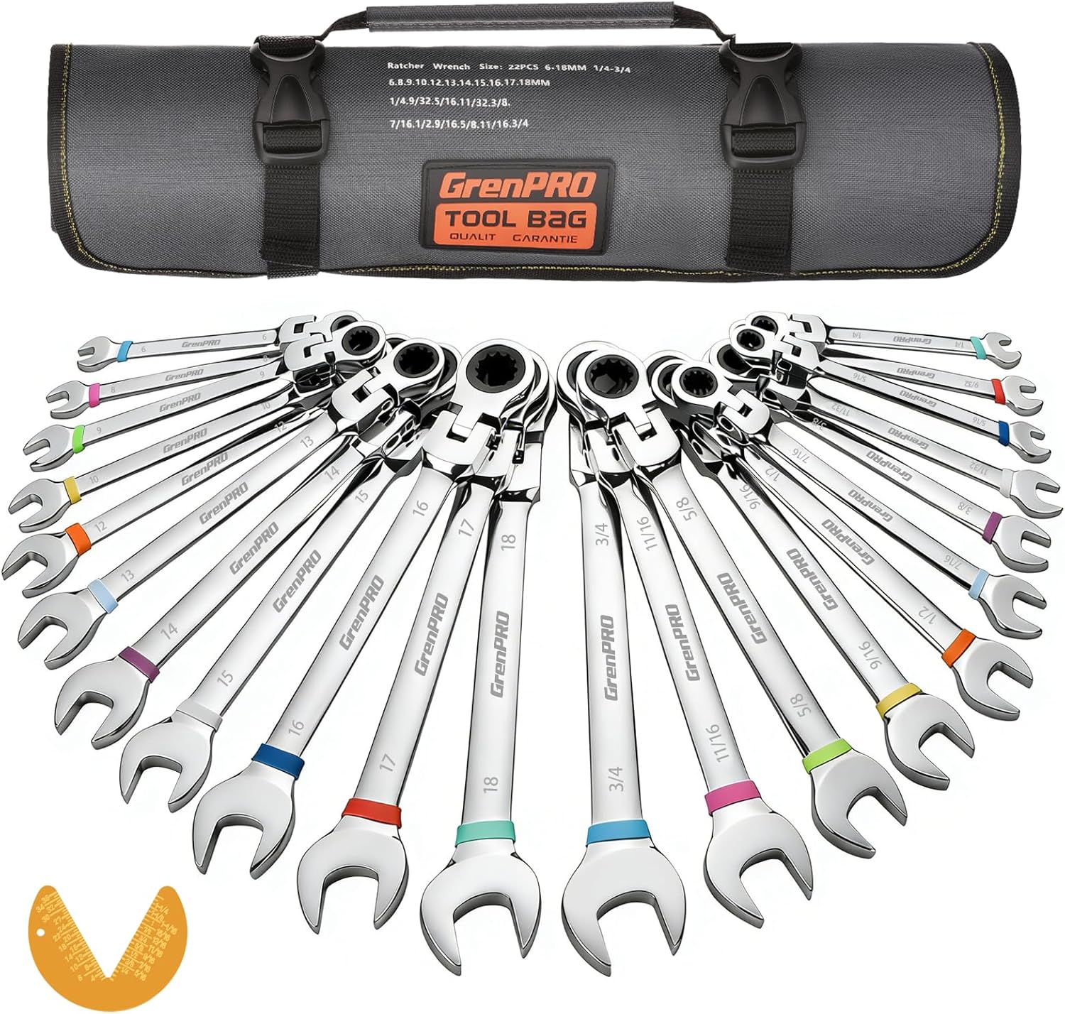 GRENPRO Ratchet Wrenches Set, 23PC Flex Head Ratcheting Wrench Set Metric and Standard & SAE, 6-18mm & 1/4