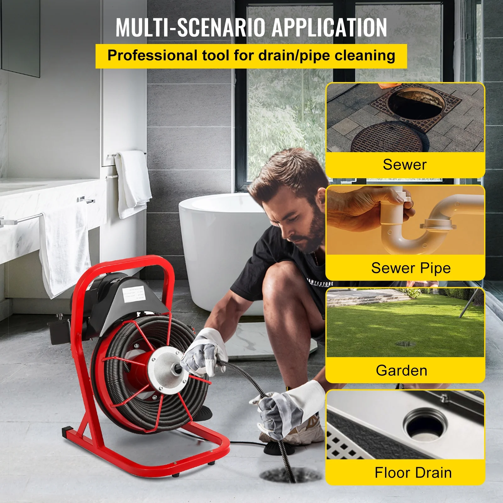 KFFKFF 50 Ft x 1/2 Inch Drain Cleaner Machine fit 1 Inch (25mm) to 4 Inch(100mm) Pipes Drain Cleaning Machine Portable Electric Drain Auger with Cutters Glove Drain Auger Cleaner Sewer Snake