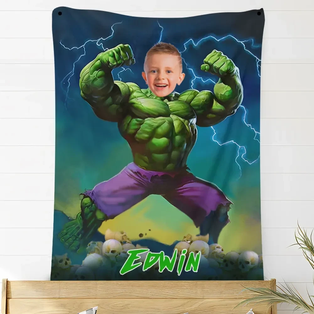 Full design view of a custom photo superhero blanket with a green hero and lightning background