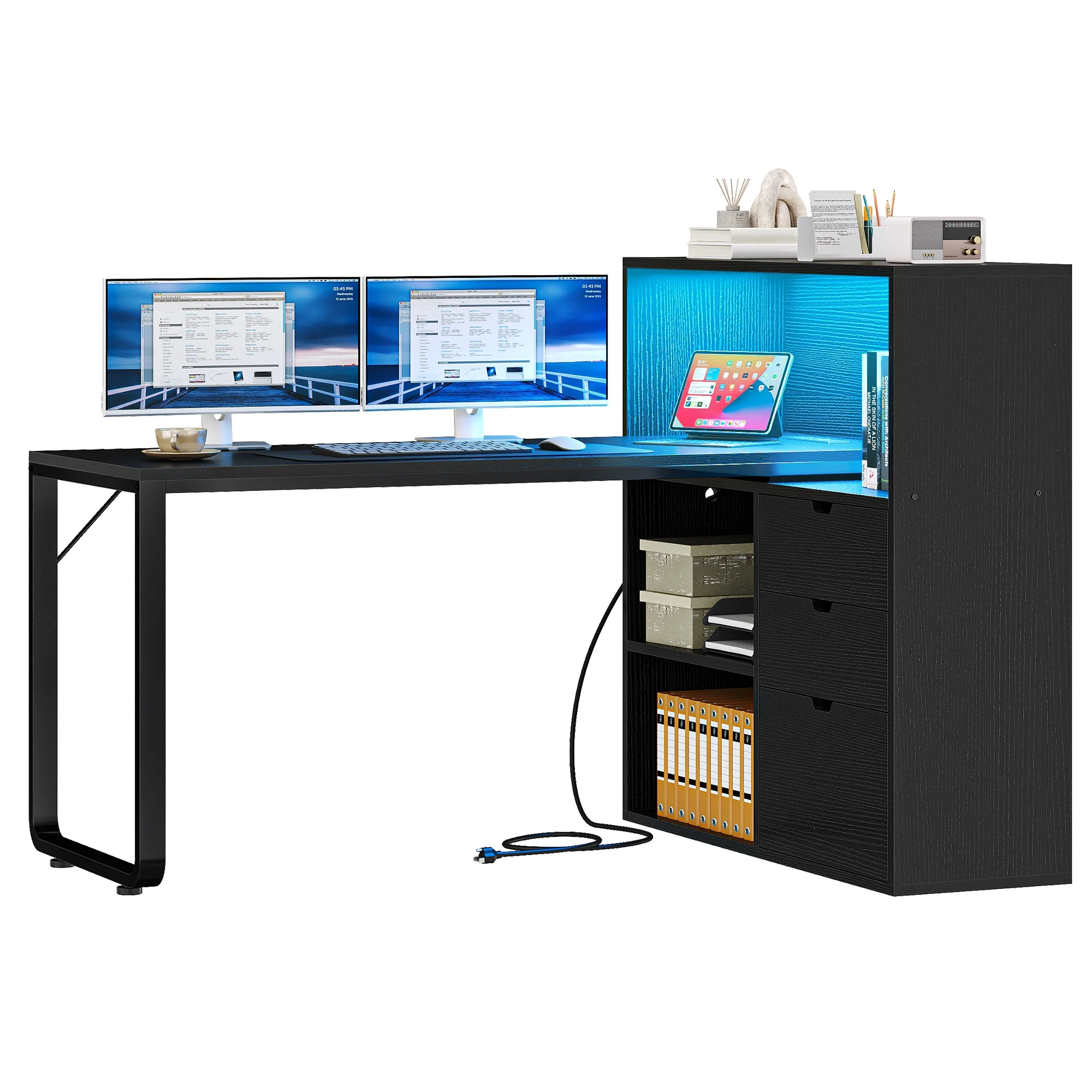 Dextrus L Shaped Desk with Power Outlets & LED Lights, Computer Desk with 3 Drawers and 3 Storage Shelves, White Office Desk Corner Desk for Home Office - Image 30