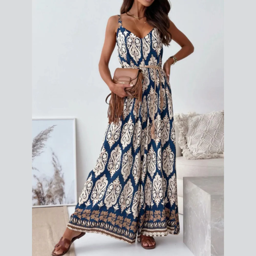 Paisley Print Spaghetti Strap Wide Leg Jumpsuit - ZKZOOK