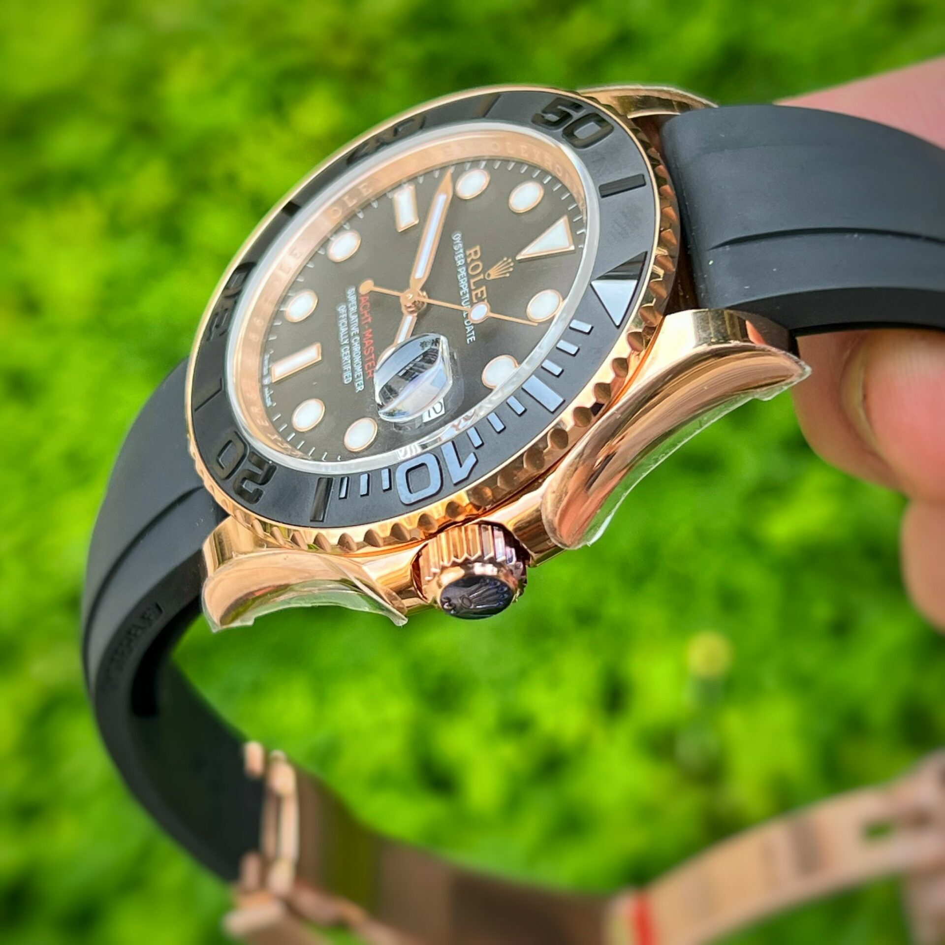 Rolex Replica 1:1 Watch Yacht-Master Rose Gold Plated Rubber Strap 40mm - Top club