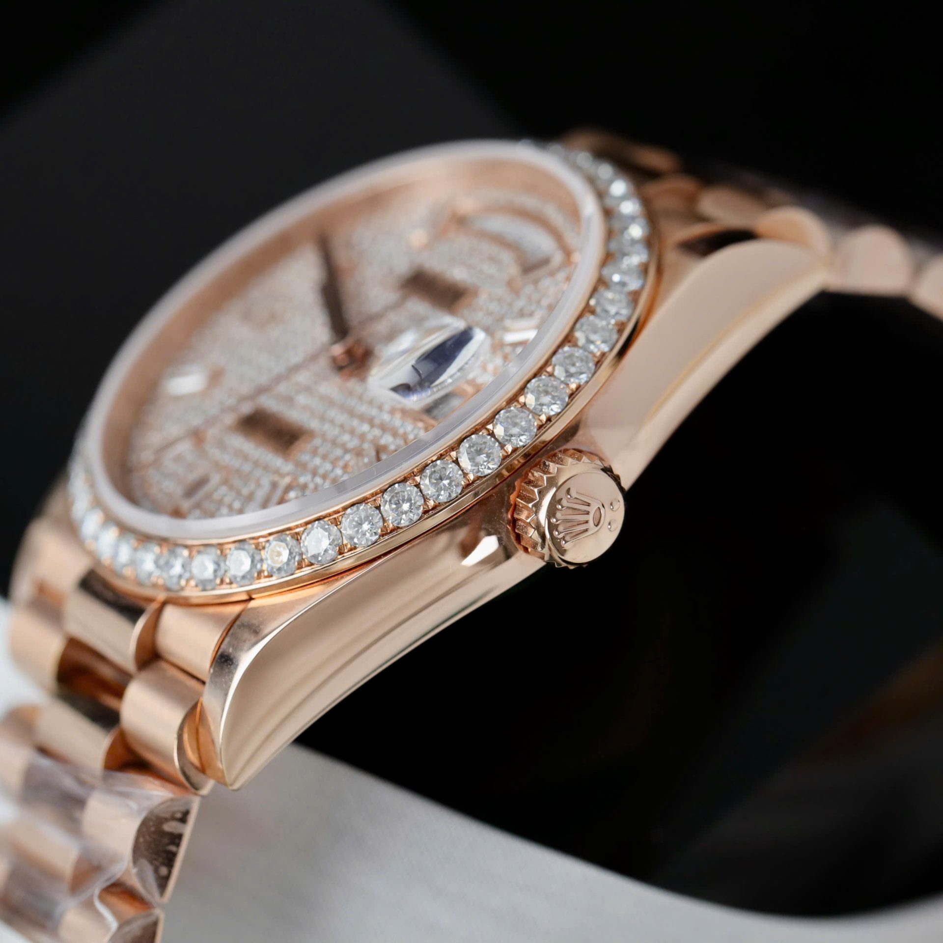 Rolex Day-Date Copies Watches 18K Rose Gold Wrapped + Moissanite Diamonds GM Factory 36mm - Top club