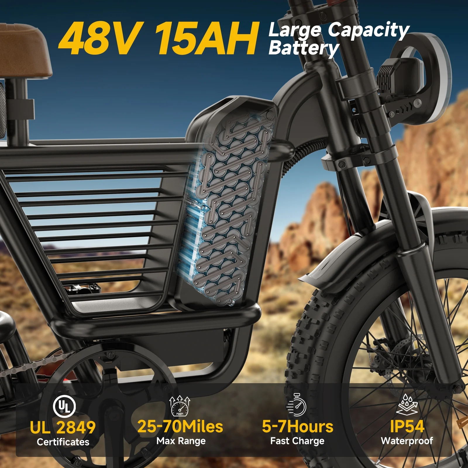 1500W Peak Electric Bike for Adults, 20" Fat Tire E-Bike, 48V 15Ah Battery, 7-Speed E-Mountain Bike with Storage Rack, UL2849 - Image 5