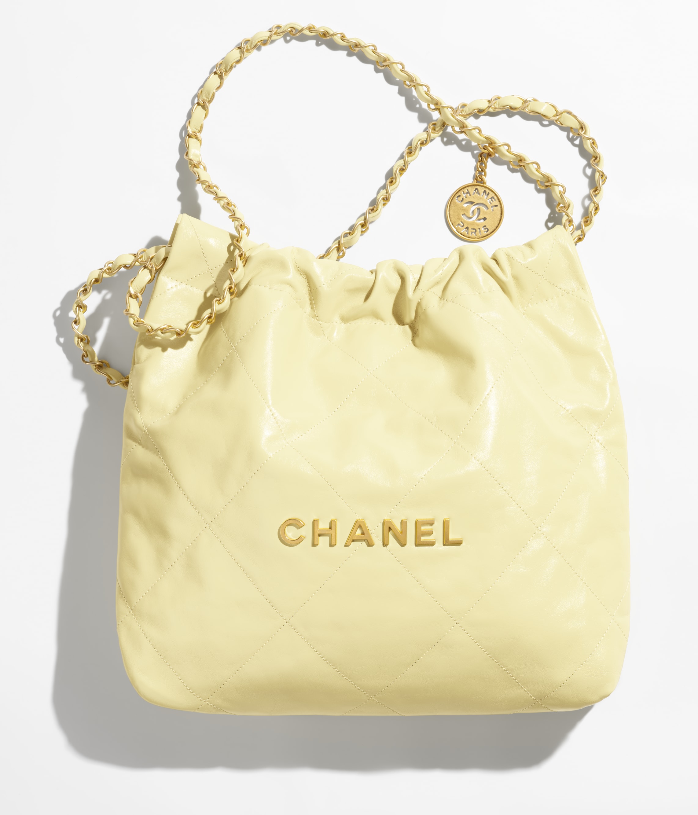 CHANEL 22 SMALL HANDBAG Shiny Calfskin & Gold-Tone Metal Light Yellow