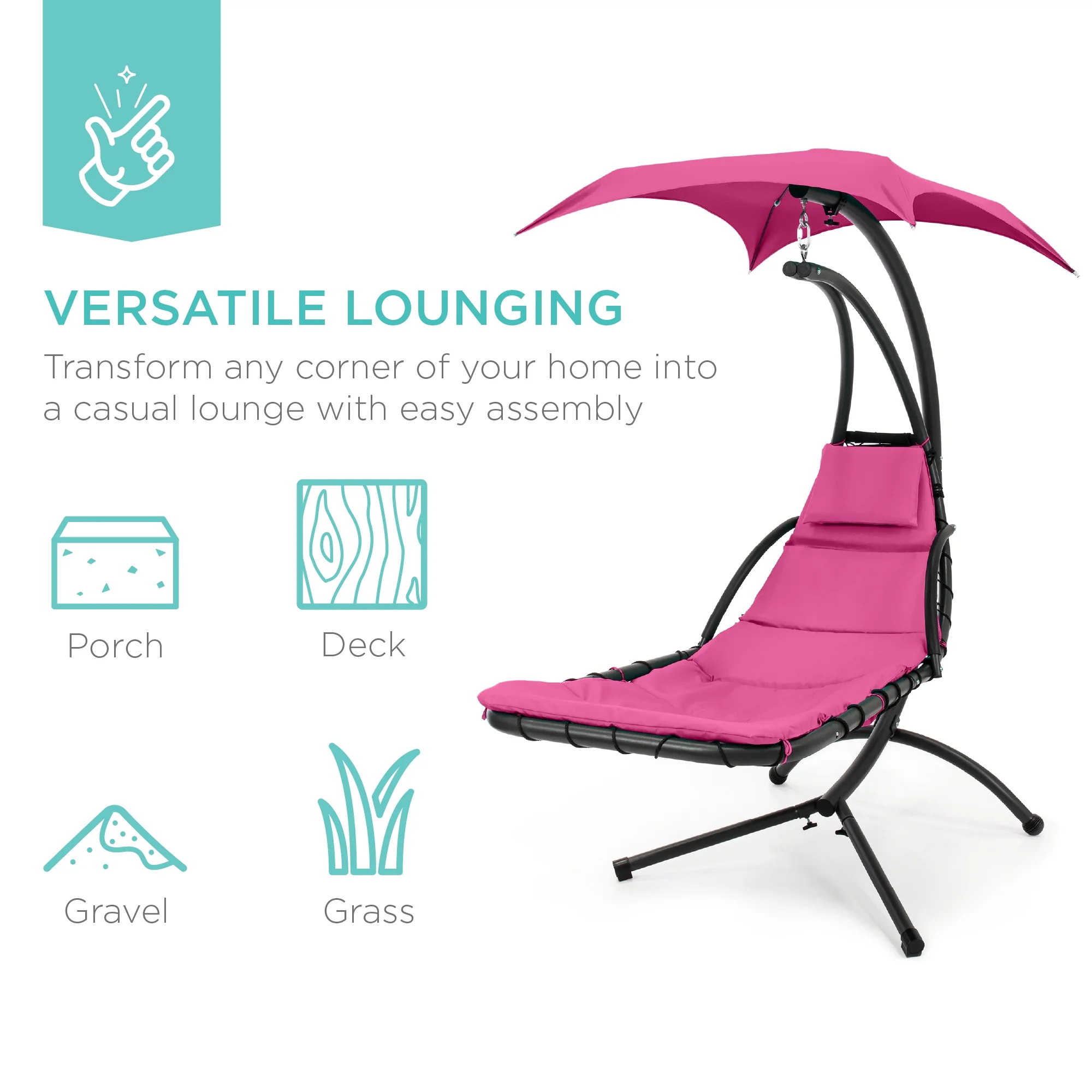 Best Choice Products Hanging Curved Chaise Lounge Chair Swing for Backyard, Patio w/ Pillow, Shade, Stand - Teal - Image 131