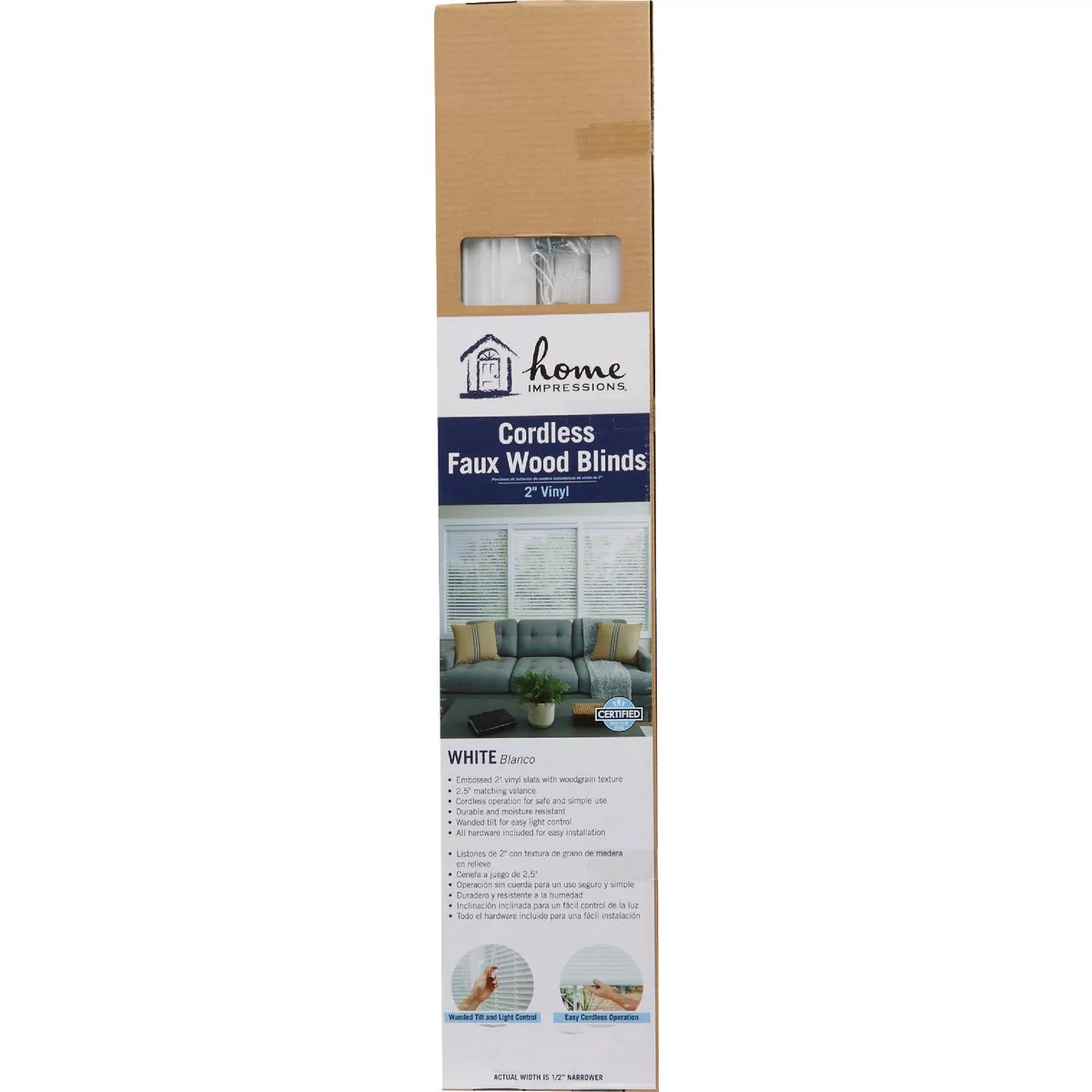 Home Impressions 70 In. x 64 In. x 2 In. White Faux Wood Cordless Blind