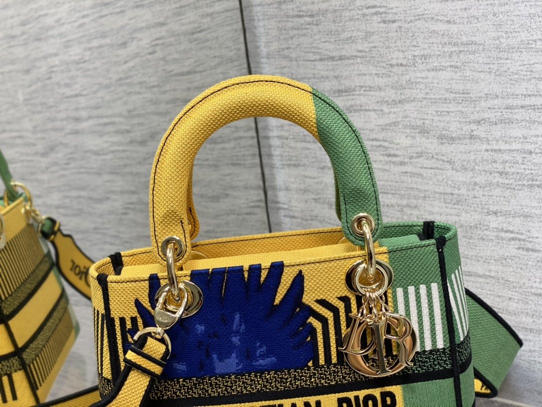 Christian Dior Medium Lady D-Lite Bag D-Flower Pop Embroidery, Bright Yellow/Green, For Women Women’s Handbags, 24cm CD M0565OROO_M8861:1High-quality replica