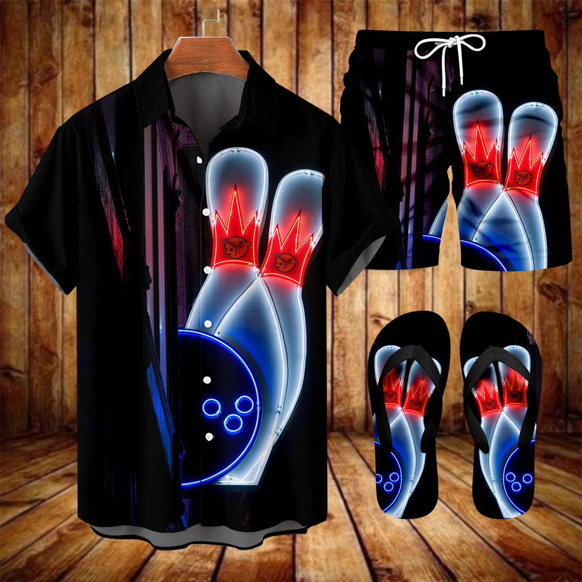 Suitmens Men's Hawaiian Bowling  Print Shirt Three-Piece Set 046
