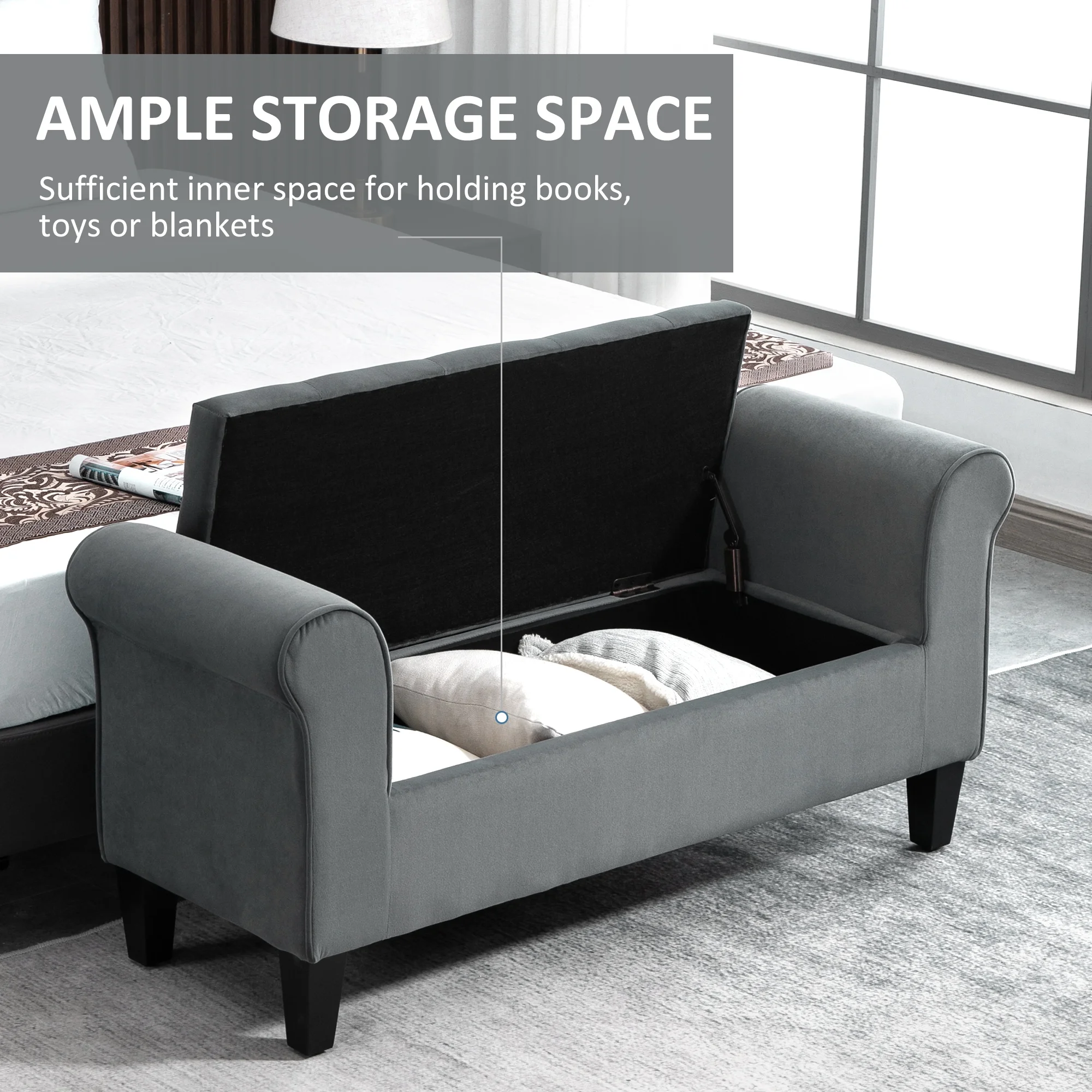 HOMCOM Button-Tufted Storage Ottoman Bench, Upholstered Bench with Rolled Armrests for Living Room or Hallway, Blue - Image 22