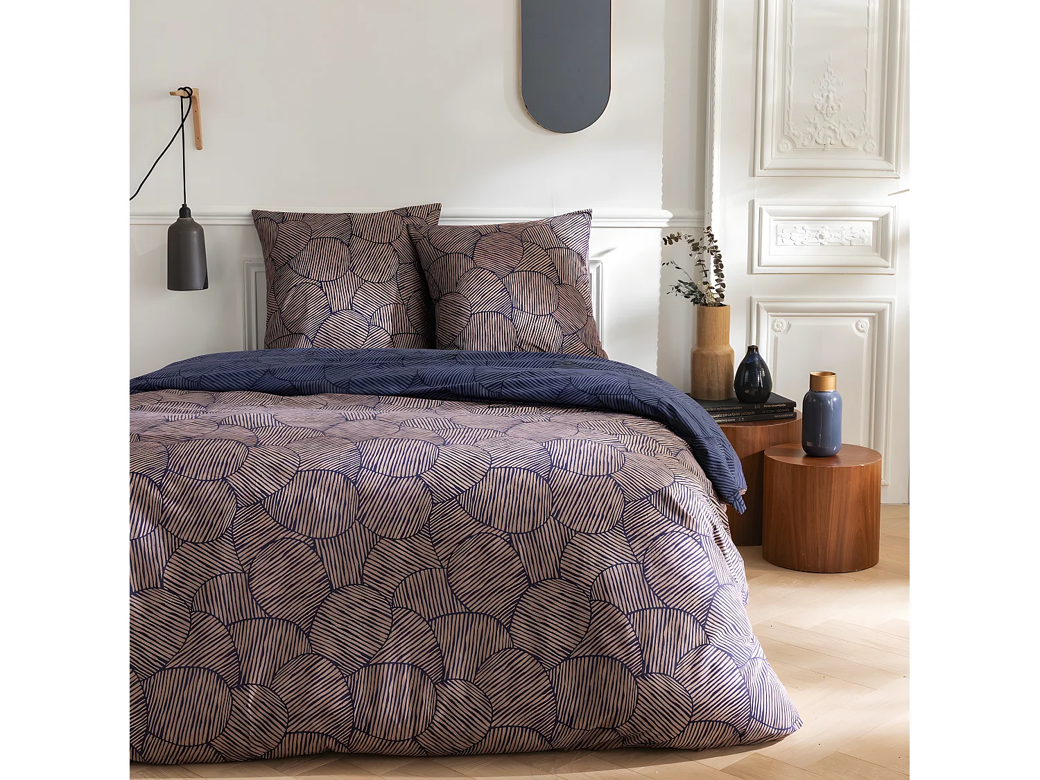 Parure de lit 2 personnes en coton 57 fils imprimé bleu 240x220cm