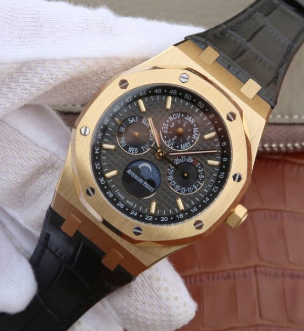 Replica Audemars Piguet JF Royal Oak 41mm 26574 YG Black Dial Leather Strap A5134 - Elite Watch Atelier