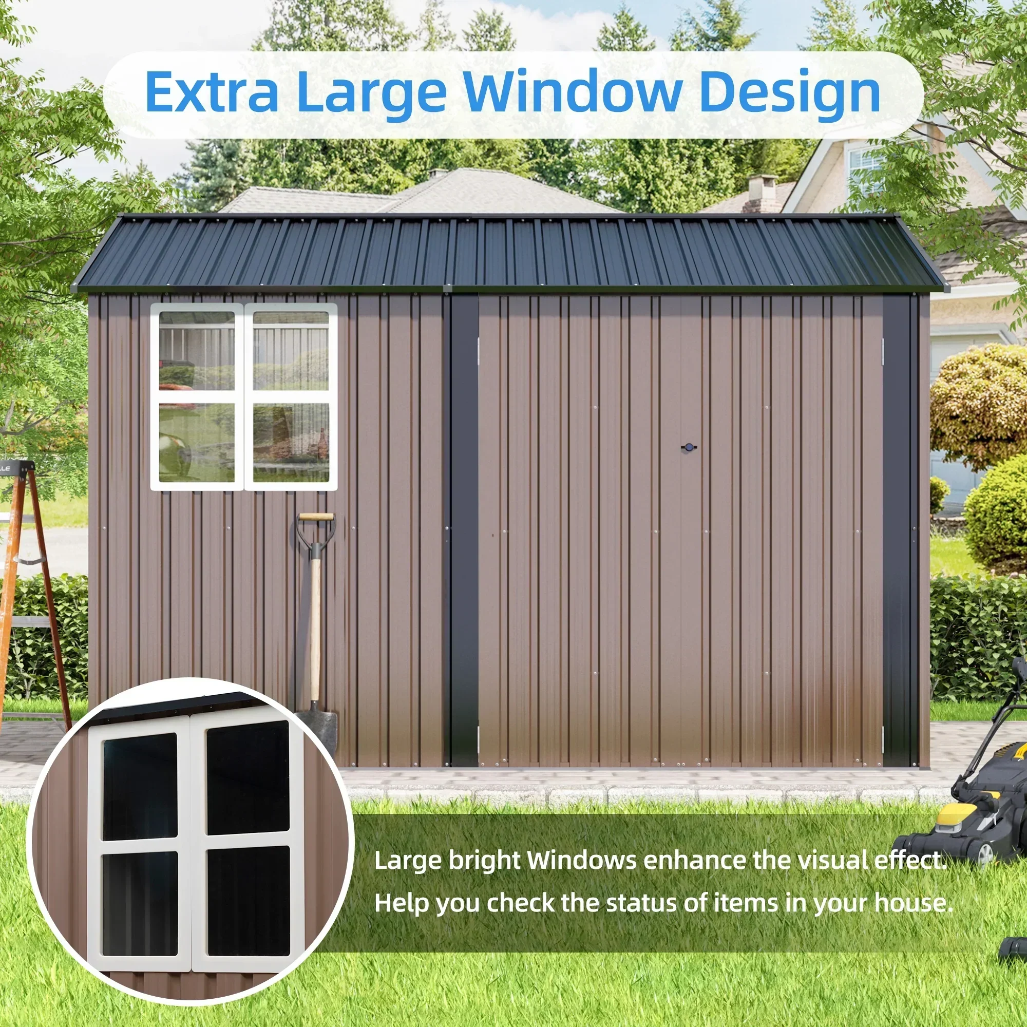 JAXPETY 10 x 10 ft Outdoor Metal Storage Shed With Window And Lockable Door - Brown - Image 5 JAXPETY 10 x 10 ft Outdoor Metal Storage Shed With Window And Lockable Door - Brown - Image 5