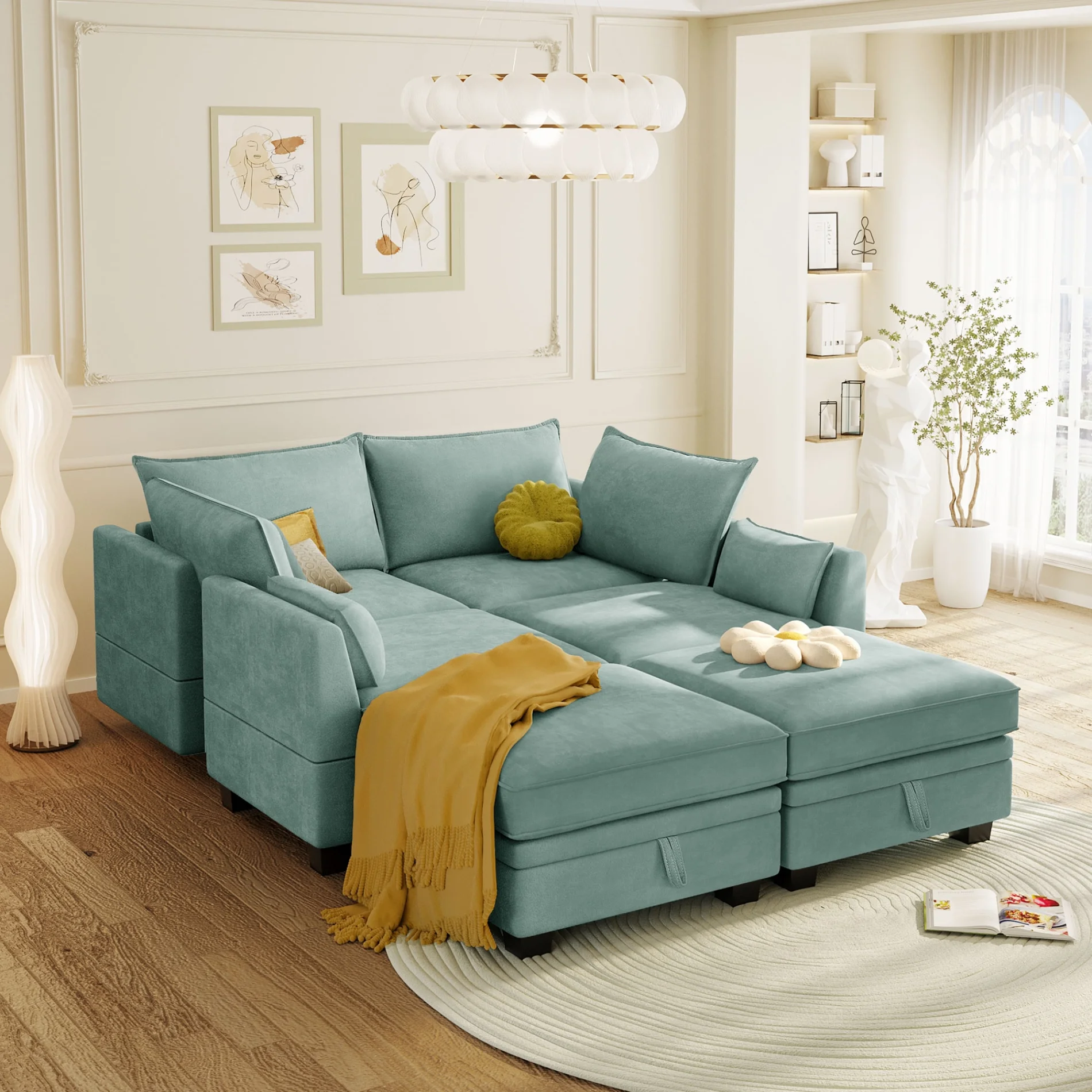 Oversized Modular Sectional Sofa with 2 Pillows, Convertible Sofa Bed with Storage Seat & Storage Ottoman, Upholstered U-Shaped Sectional Sofa with Reversible Chaise, 6 Seaters Sofa Sleeper Sofa