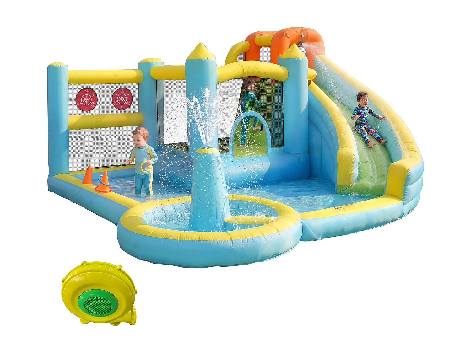Château gonflable pour enfants 6-en-1 : Aire de Jeux avec Toboggan, Trampoline, Fontaine Centrale et Jeu de Lancer - Souffleur 450W - 430x390x210cm - Multicolore