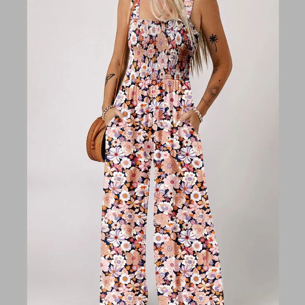 Floral Print Smocked High Waist Square Neck Jumpsuit - ZKZOOK