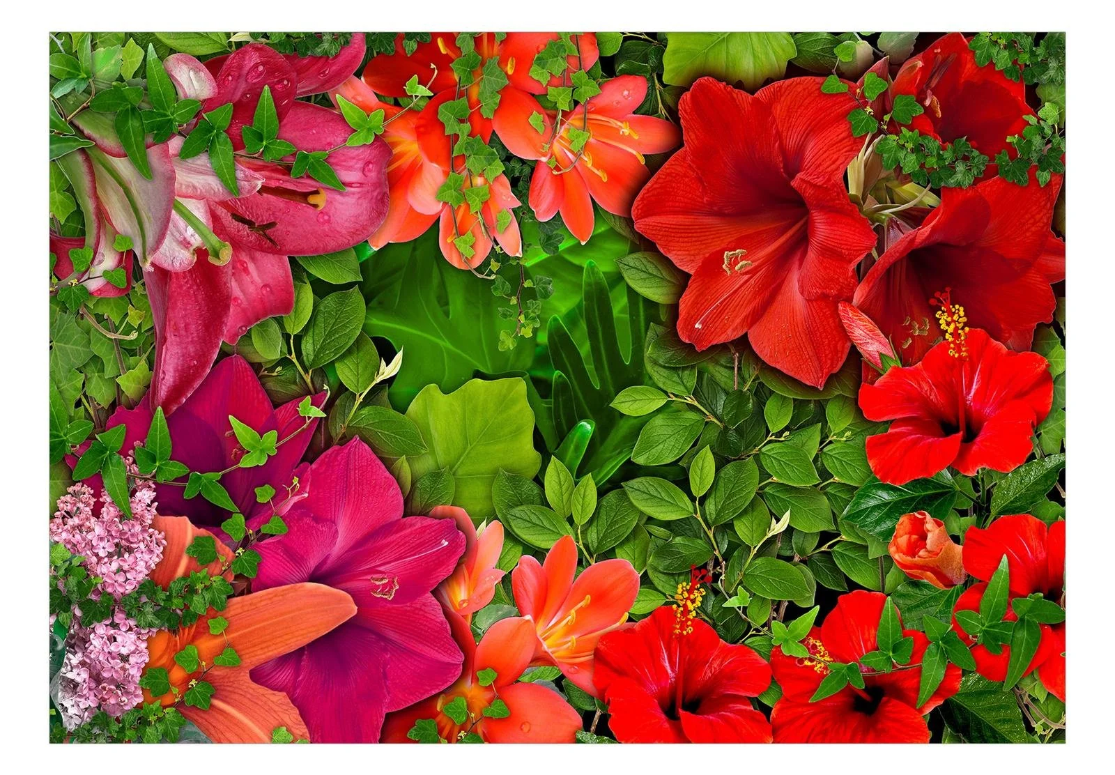Tiptophomedecor Peel and Stick Floral Wallpaper Wall Mural - Bright Flowers And Leaves - Removable Wall Decals