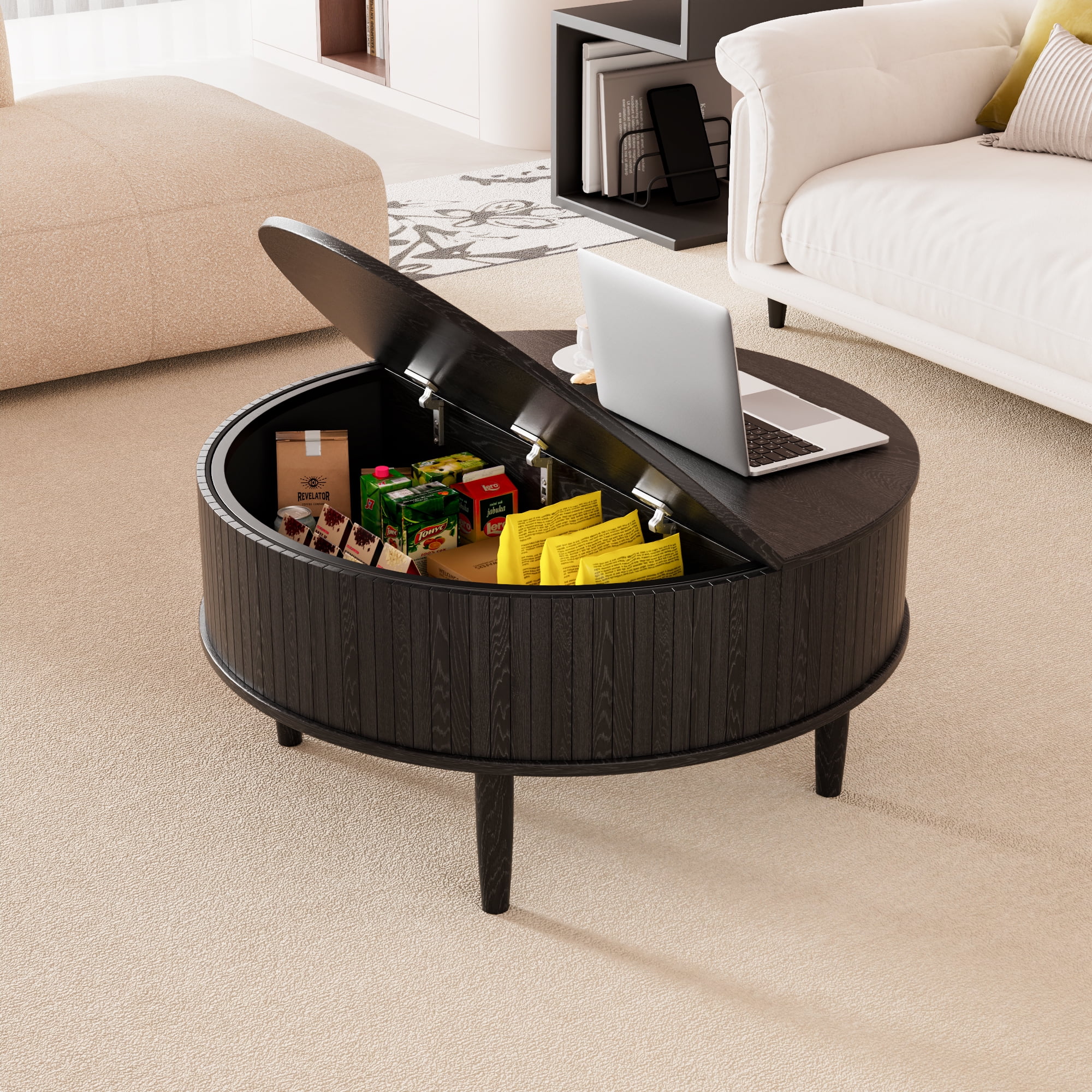 Oubayajia Round Coffee Table, Small Fluted Lift Top Center Table for Home Living Room Office, Walnut - Image 12