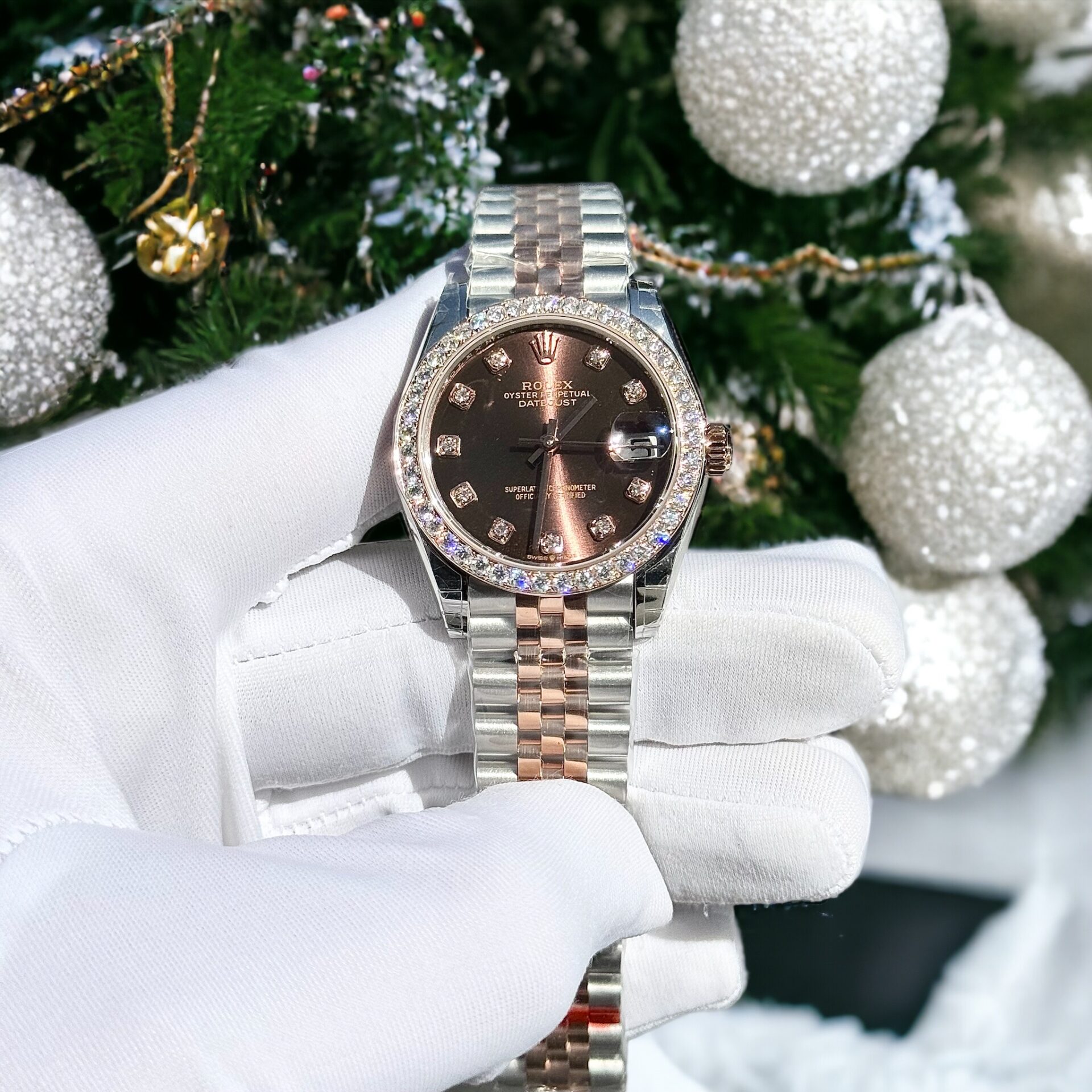 Rolex Replica Watch DateJust Chocolate Dial Custom Benzel Moissanite Diamonds 31mm - Elite Watch Atelier