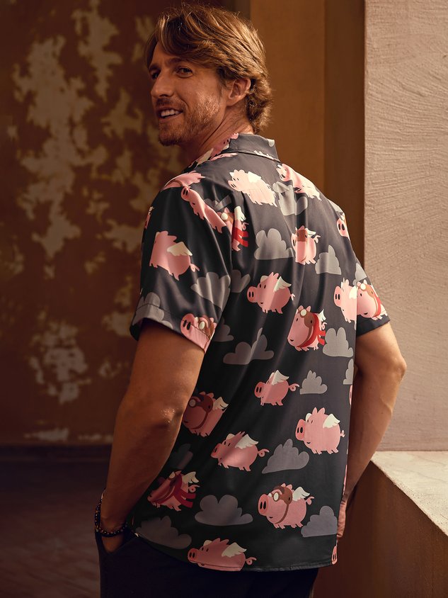 Fun Flying Pig Chest Pocket Short Sleeve Casual Shirt