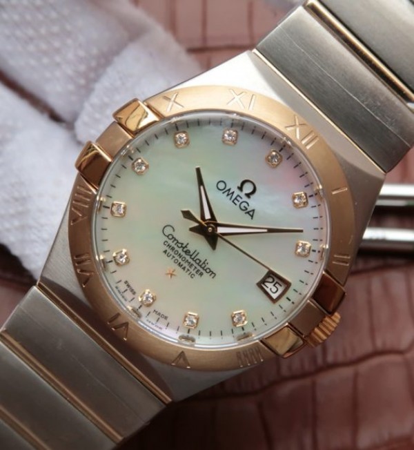 Replica Omega V6 Constellation 35mm White MOP Dial YG Bezel Diamonds Markers SS Bracelet A2500 - Elite Watch Atelier
