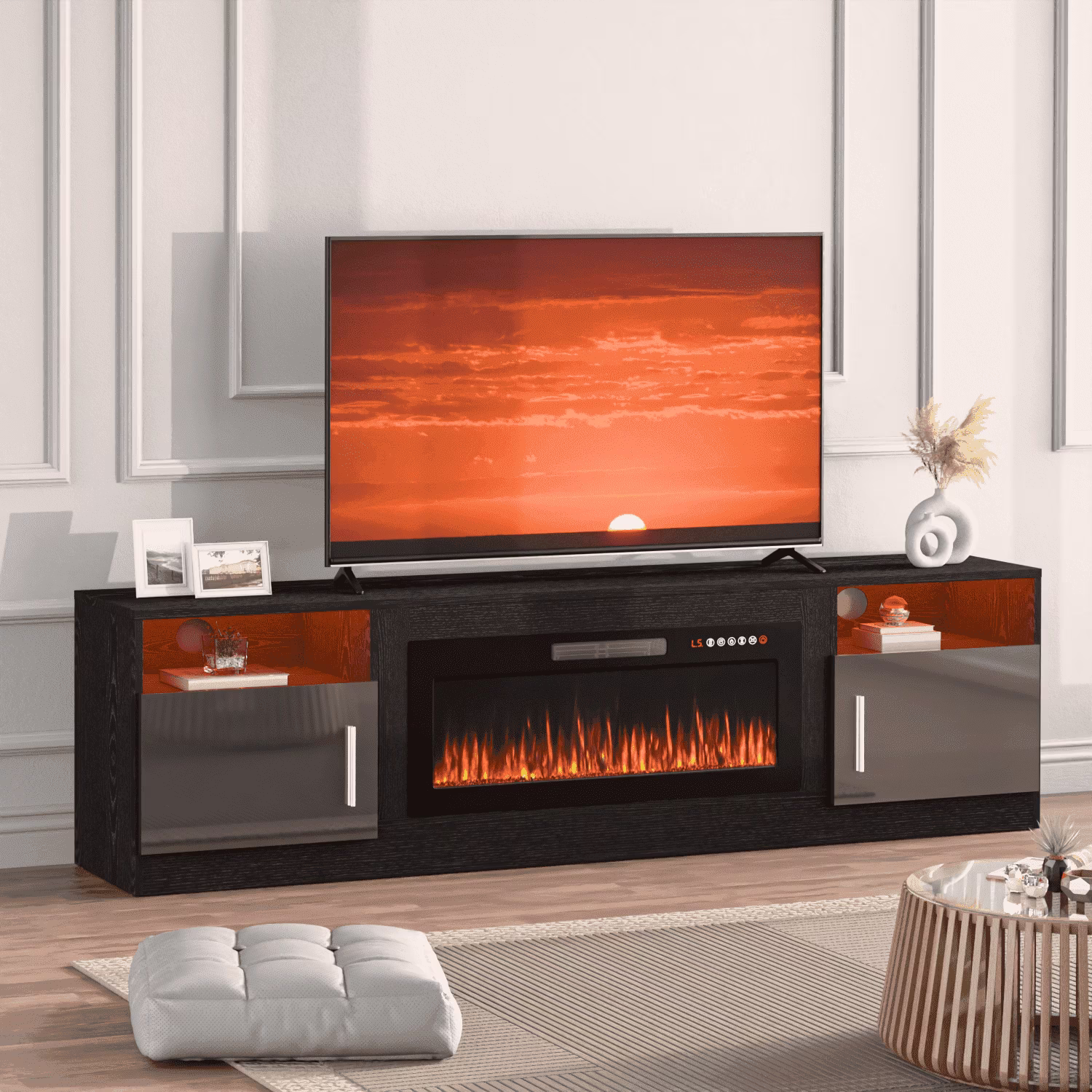 Waleaf Fireplace TV Stand with 36" Electric Fireplace Up to 80" TVs, Modern Wood Media TV Console with Highlight Cabinet, White - Image 8