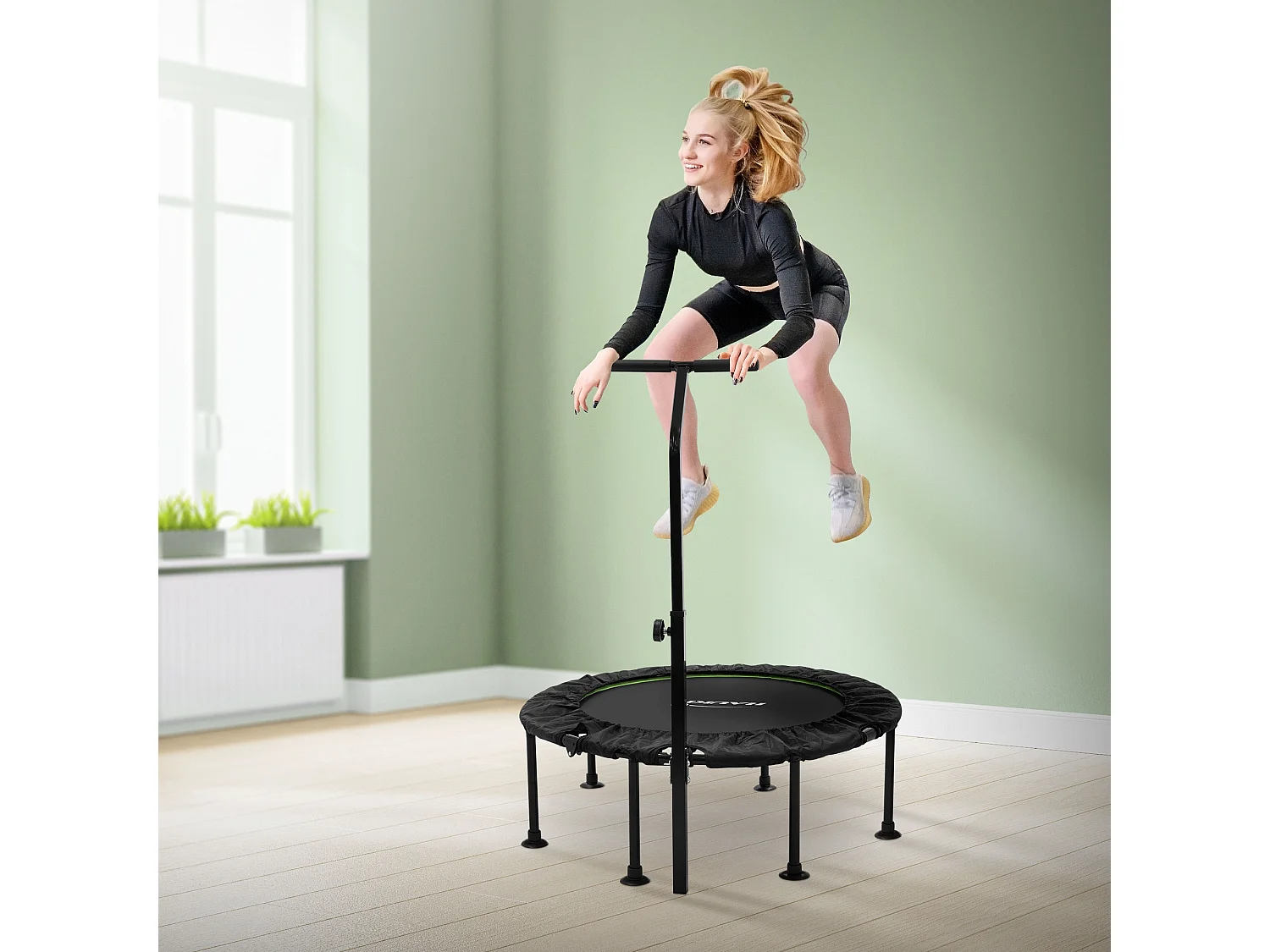 Trampoline de fitness Ø102cm vert pour intérieur barre de maintien réglable en hauteur structure acier capacité 150 kg plateforme de saut silencieuse