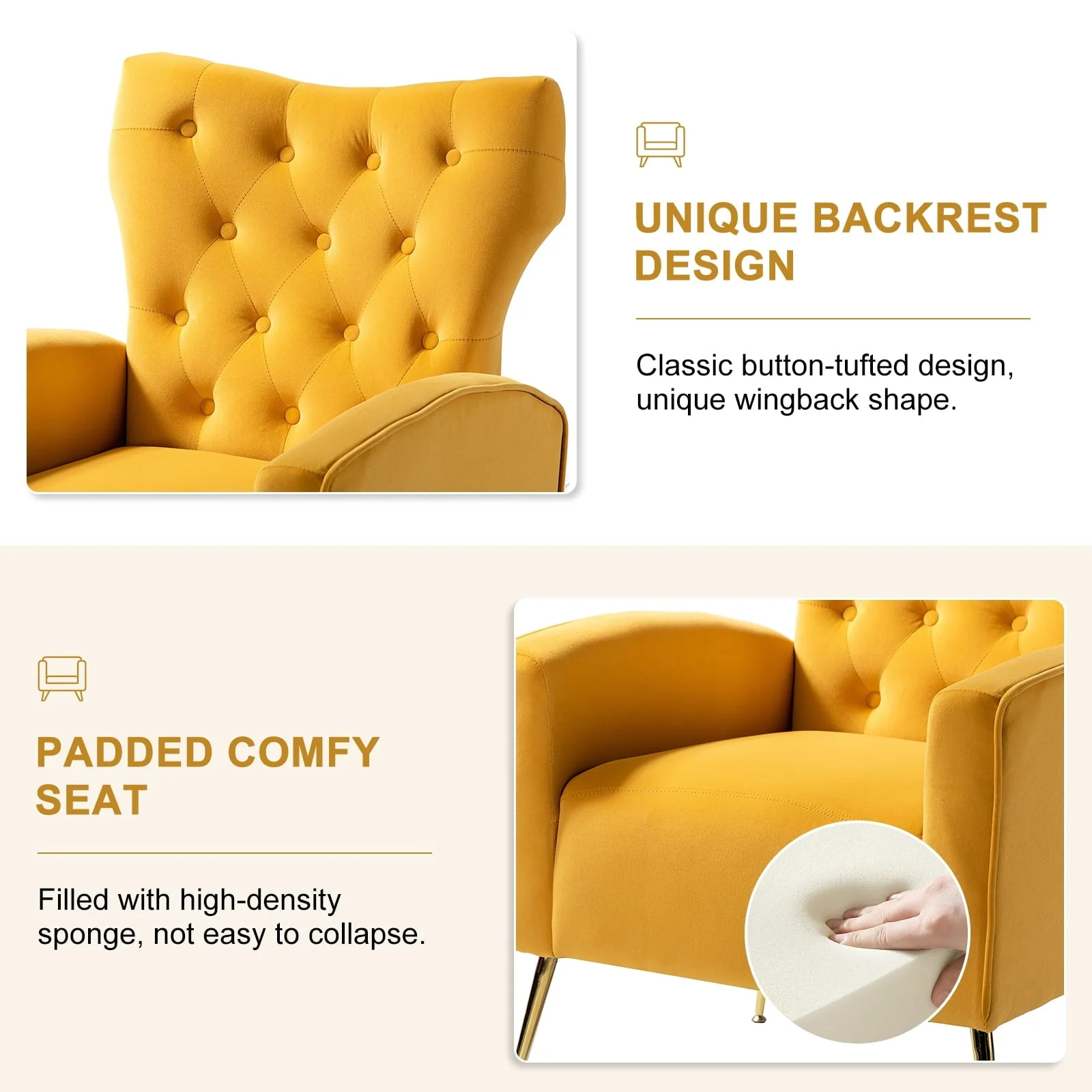 14 Karat Home Fall Home Decor Velvet Accent Chair Button Tufted Metal Legs Adult Living Room Mustard - Image 3