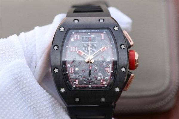 Replica Richard Mille RM011 Black Ceramic RG Chrono Skeleton Dial Black Rubber Strap A7750 - Top club