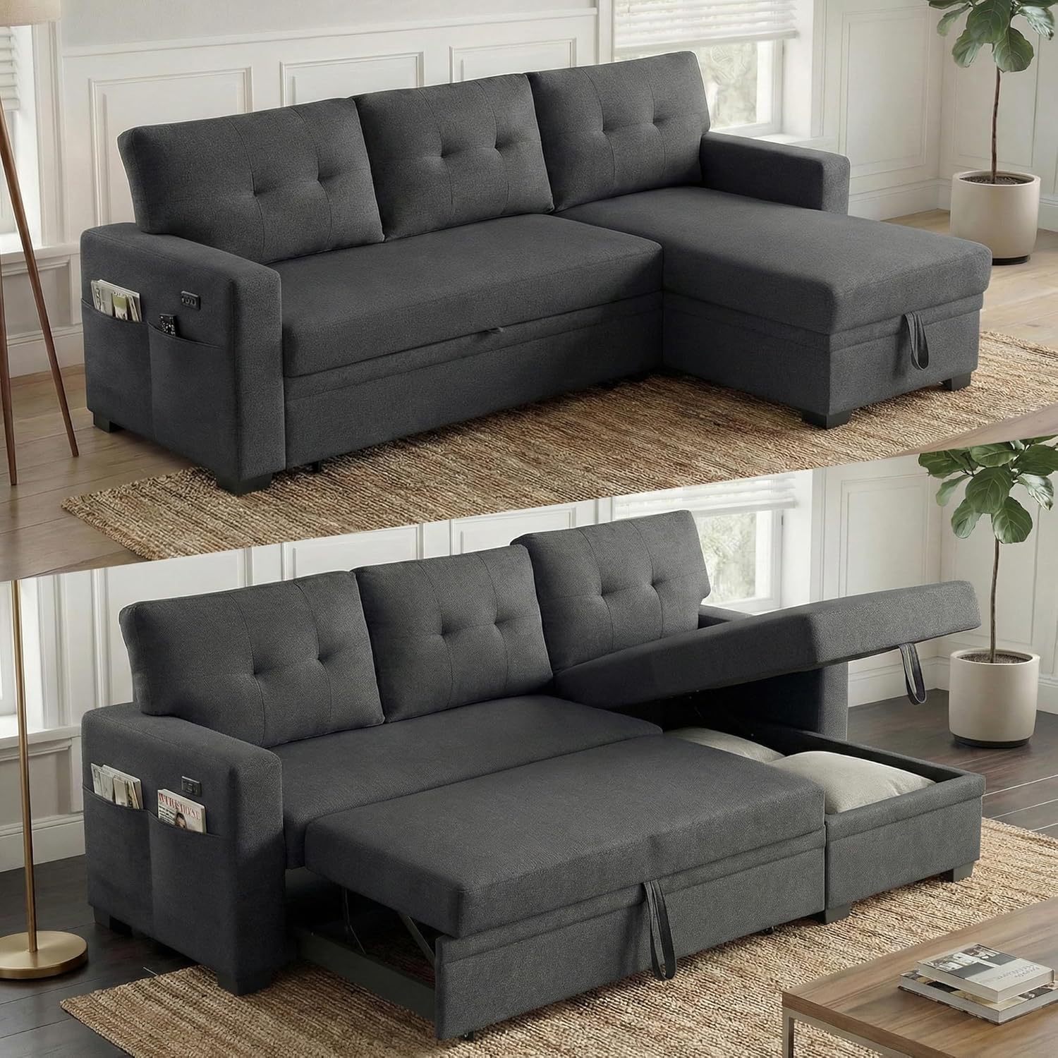 Convertible Sleeper Sofa Bed with Pull Out Couch, L Shaped Couch with Chaise Storage, USB Charge & Side Pocket, Small Sectional Couches for Living Room, Apartment | Linen Fabric | 82