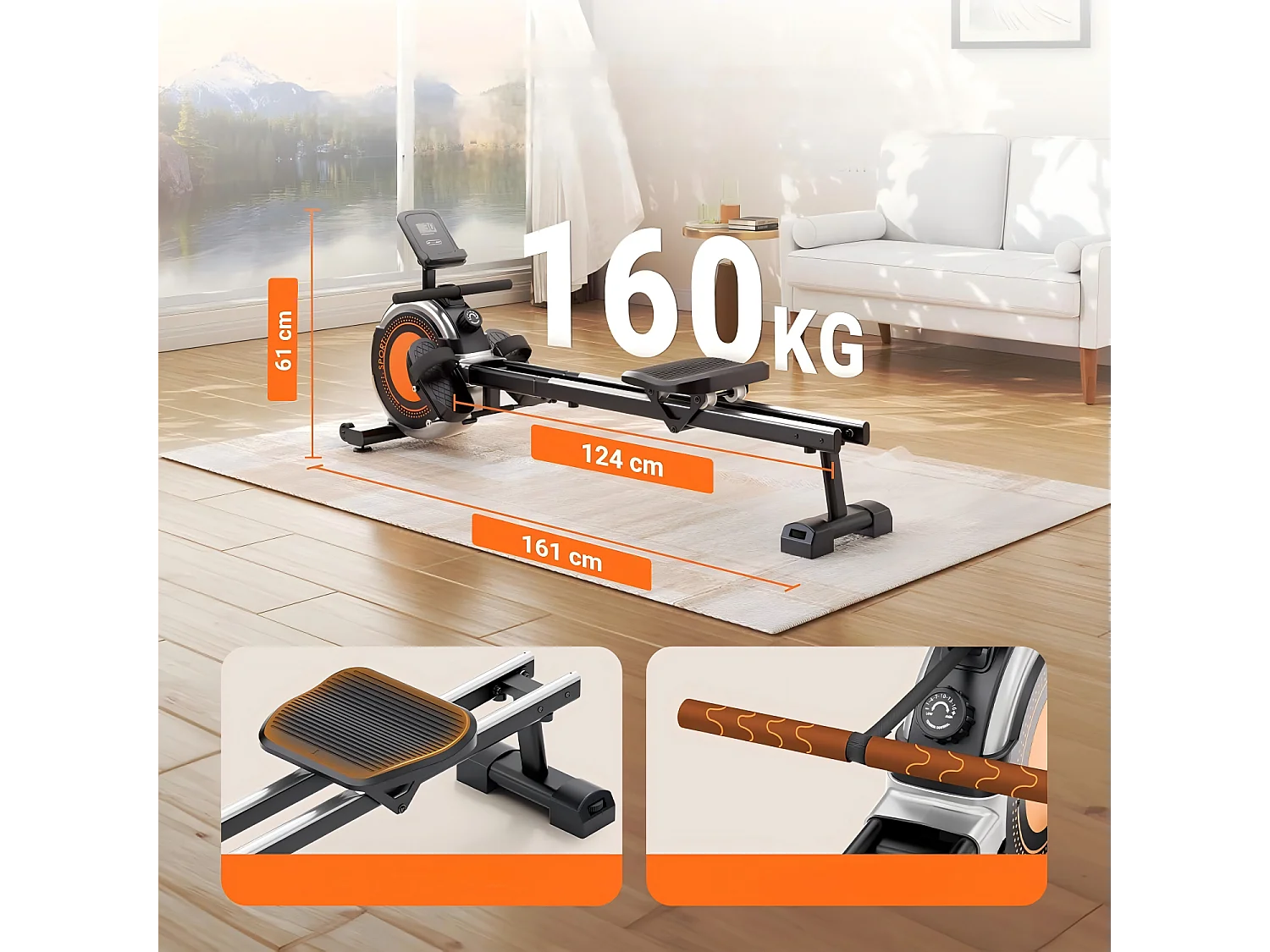 Rameur à résistance magnétique Dripex, avec 16 niveaux de résistance, double glissière, Silencieux et Lisse, charge maximale 160 kg