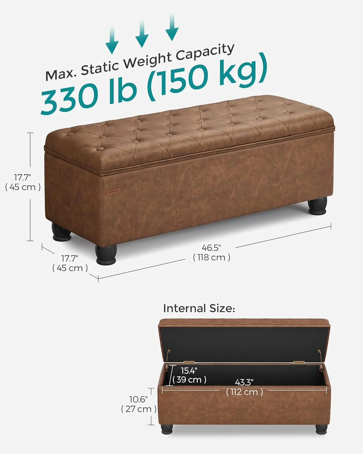 SONGMICS 46.5" Storage Ottoman Bench Storage Bench Bedroom Bench 330lb Load Capacity Solid Wood Legs Light Gray - Image 54