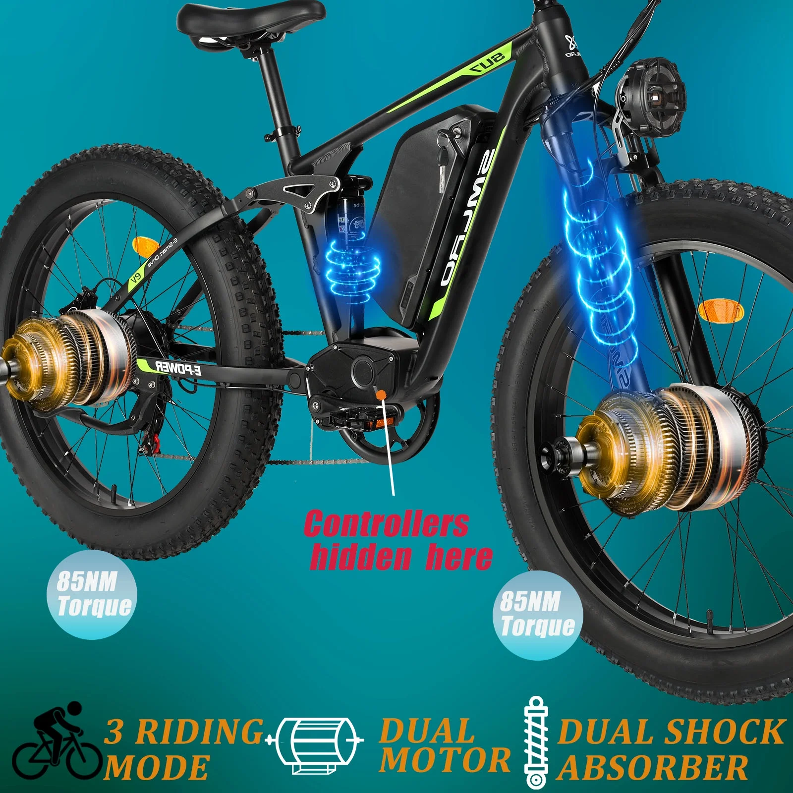 5000w Peak Dual Motor Electric Bike, 26" Fat Tire Shimano 21 Speed 45 MPH Commuter Mtb, 60V 25AH Front Suspension Ebike - Image 20