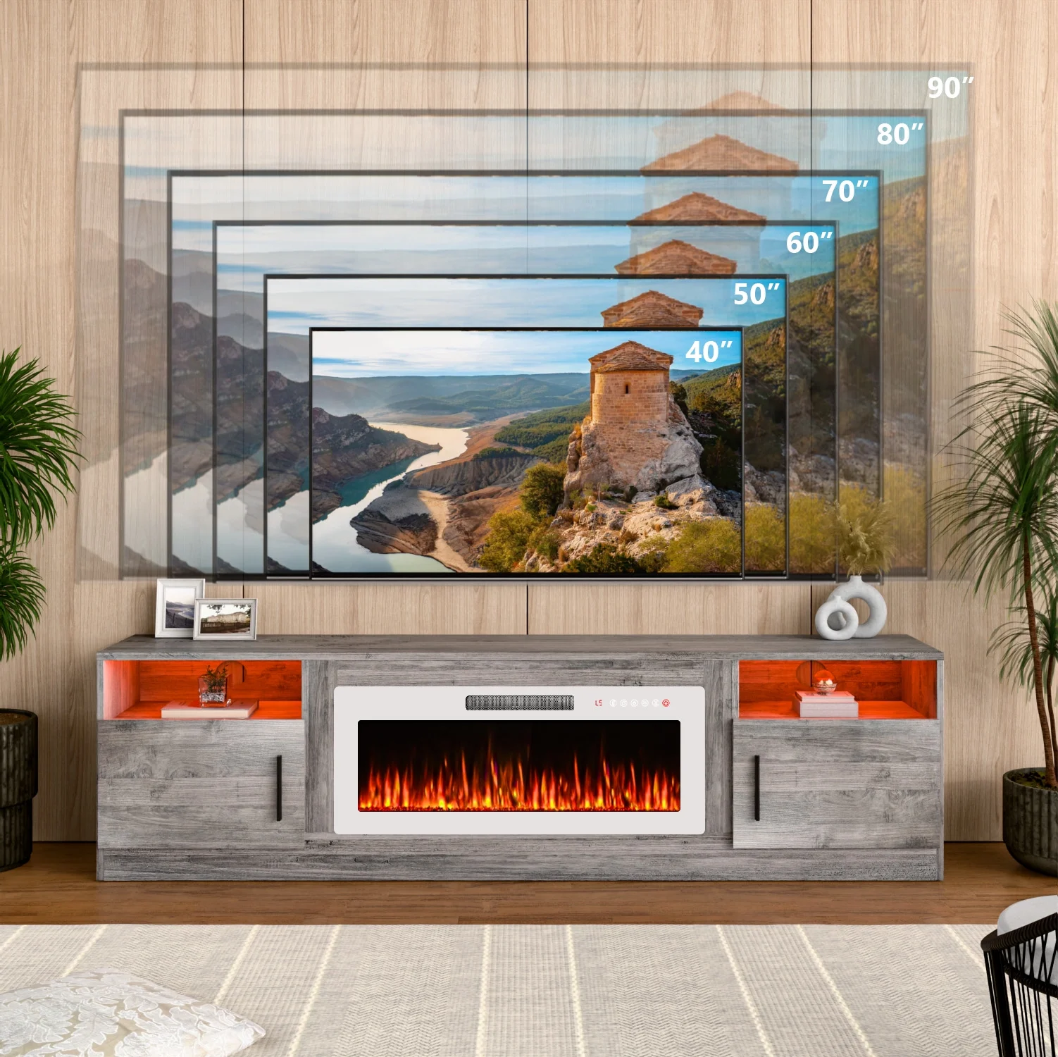 Waleaf Fireplace TV Stand with 36" Electric Fireplace Up to 80" TVs, Modern Wood Media TV Console with Highlight Cabinet, White - Image 15