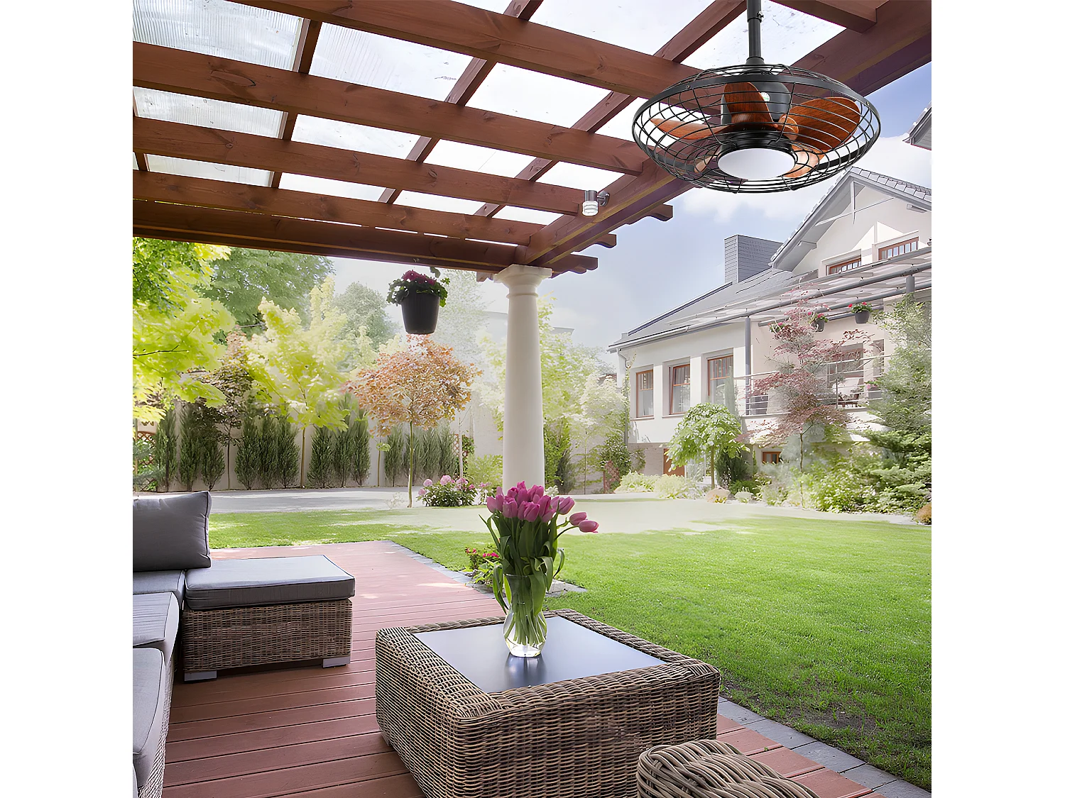 Ventilateur de plafond avec tige de suspension, LED 18 W et 5 pales en ABS - Noir , Été/Hiver