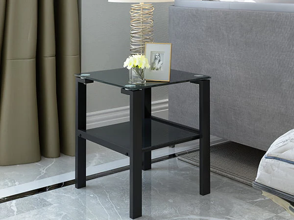 Black Glass Coffee Table Set of 3 Piece, Living Room Table Set of 3, Black Coffee Table and End Coffee Table Sets, Metal Frame (All Black A, Set of 3) - Image 9