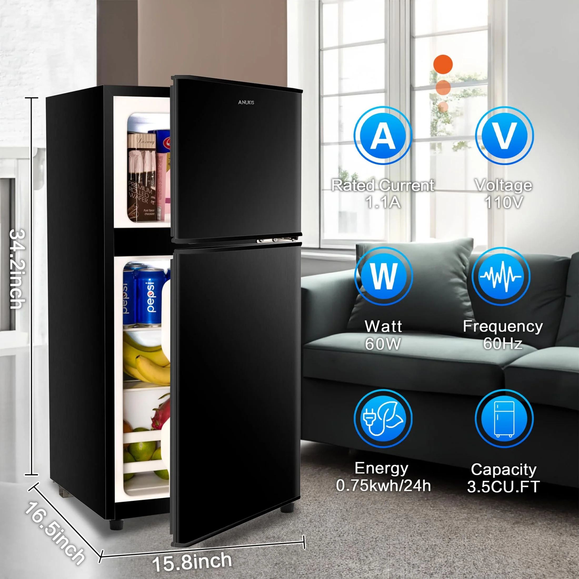 KRIB BLING 3.2 Cubic Feet Double Door Mini Fridge with Freezer, Mini Compact Refrigerator 2 Doors for Dorm, Office, Apartment, RV, Bedroom, Black